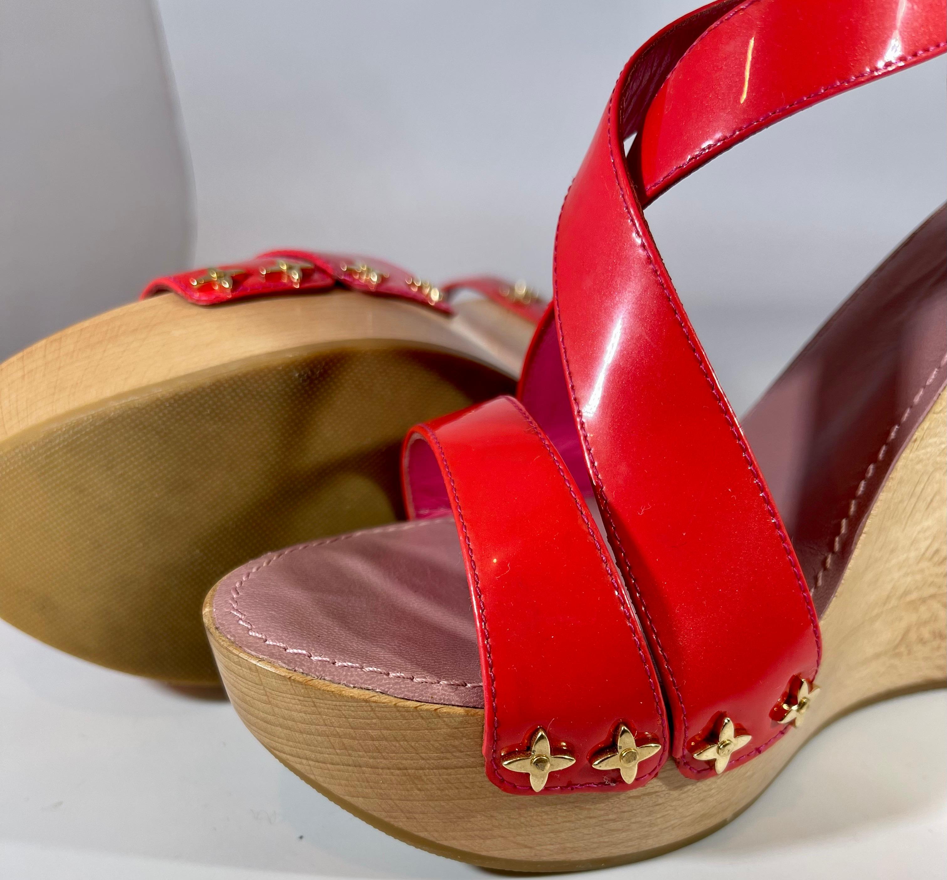 Louis Vuitton Sandals Reds Calf Leather 5 Inch Wood Heels Size Euro 38, Like New For Sale 3