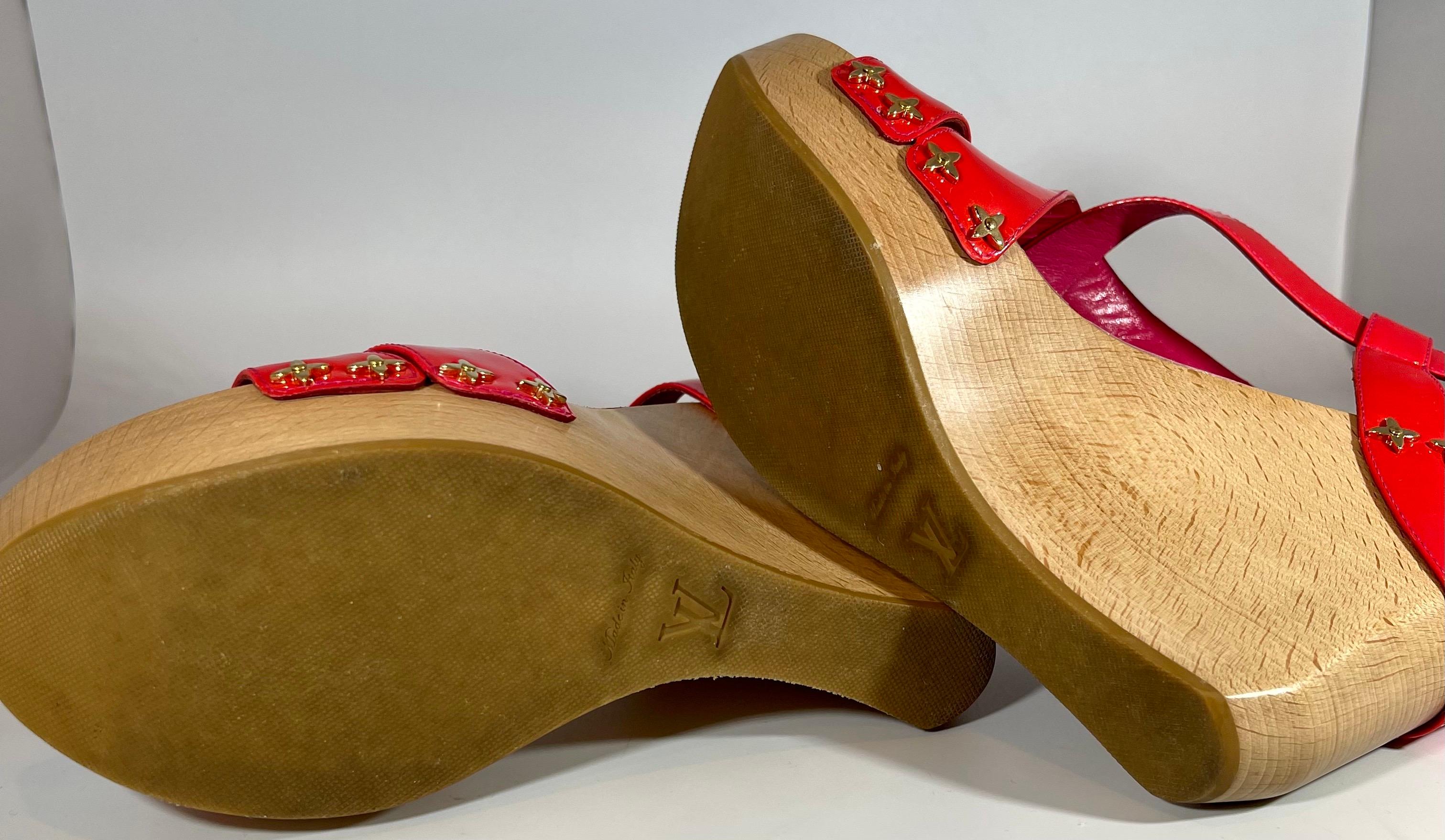 Louis Vuitton Sandals Reds Calf Leather 5 Inch Wood Heels Size Euro 38, Like New For Sale 5