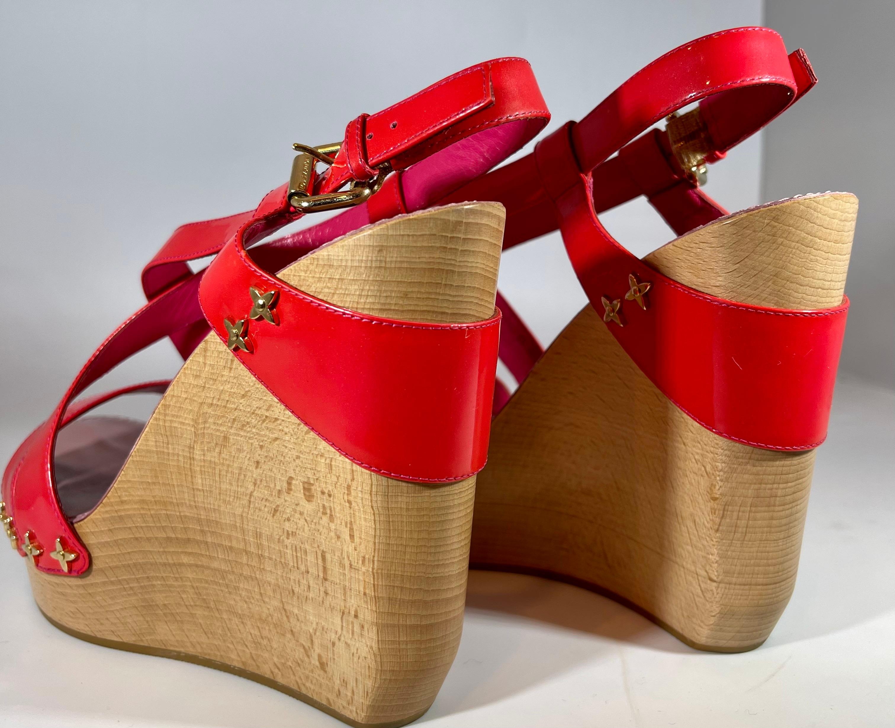 Louis Vuitton Sandals Reds Calf Leather 5 Inch Wood Heels Size Euro 38, Like New For Sale 6