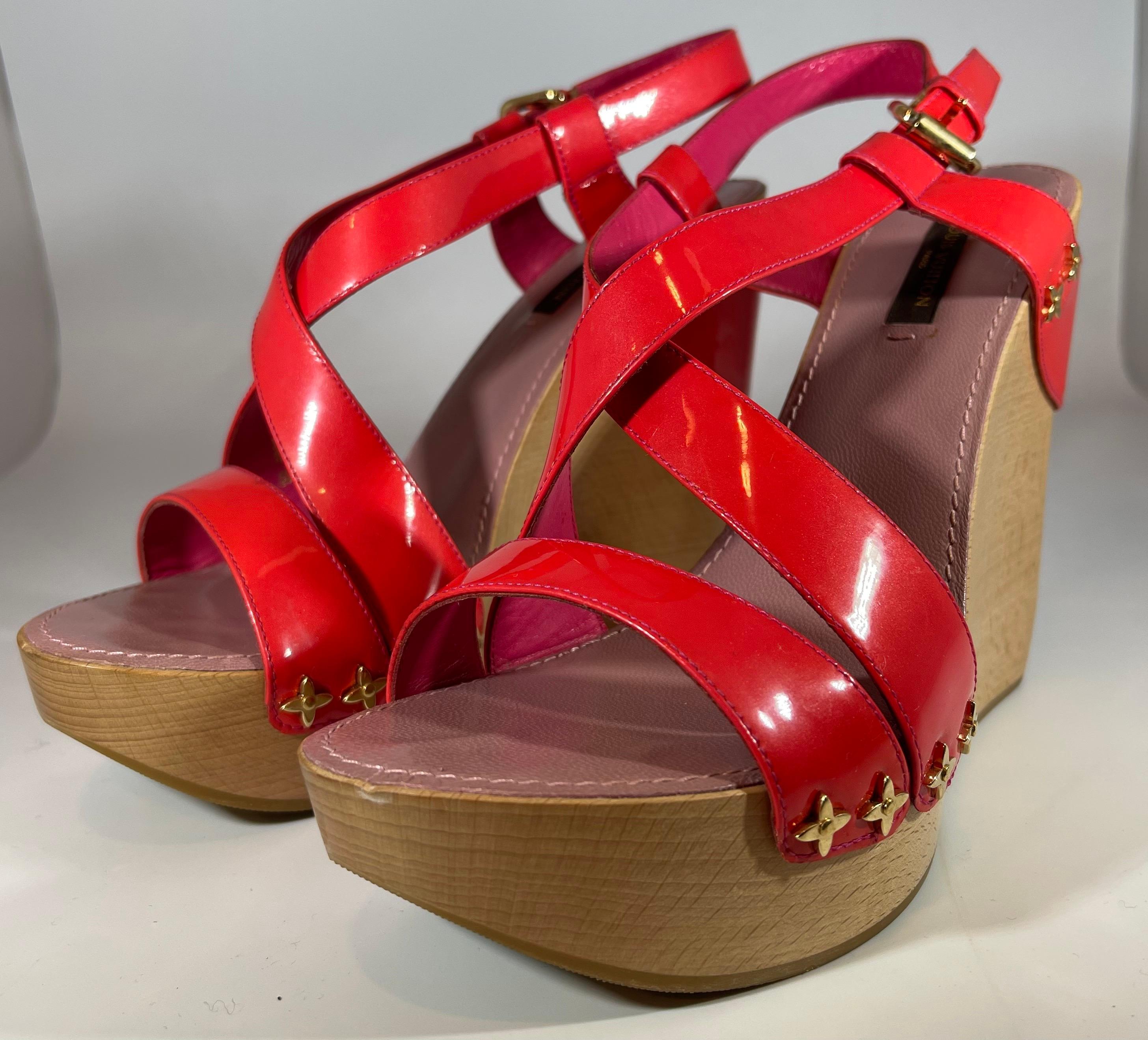 Louis Vuitton Sandals Reds Calf Leather 5 Inch Wood Heels Size Euro 38, Like New For Sale 7