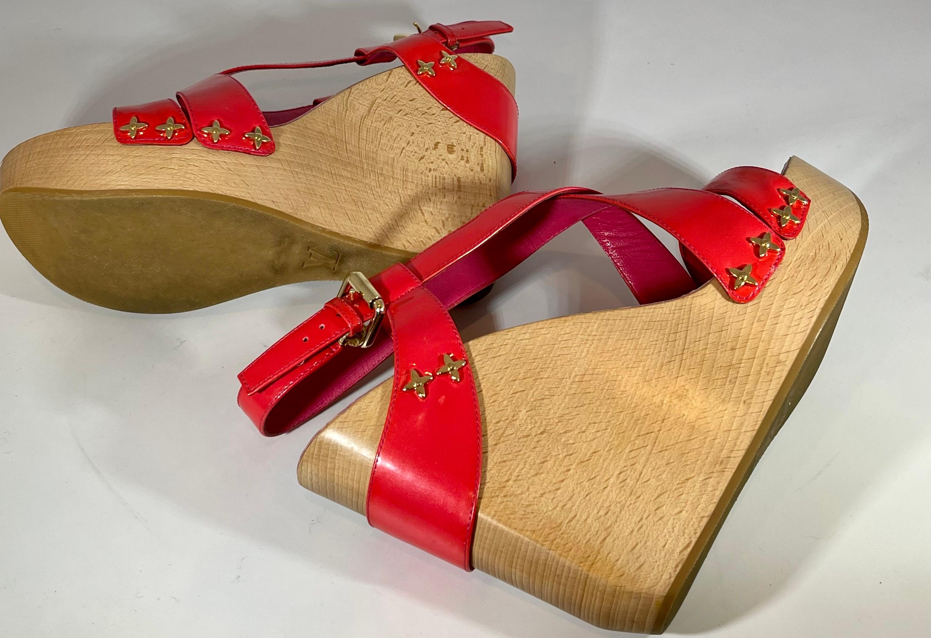 Orange Louis Vuitton Sandals Reds Calf Leather 5 Inch Wood Heels Size Euro 38, Like New For Sale