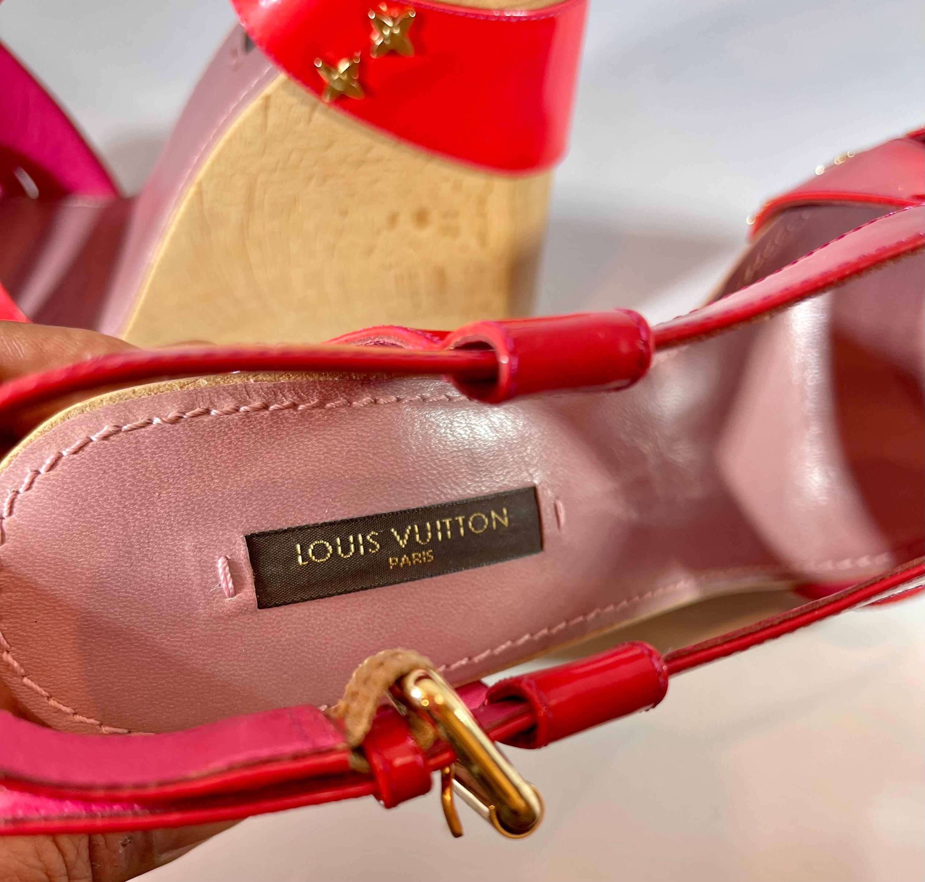 Louis Vuitton Sandals Reds Calf Leather 5 Inch Wood Heels Size Euro 38, Like New For Sale 1
