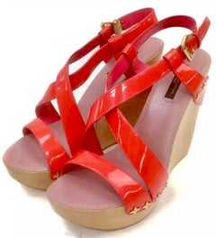 Louis Vuitton Sandalen Rotes Kalbsleder 5 Zoll Holz Heels Größe Euro 38, wie neu