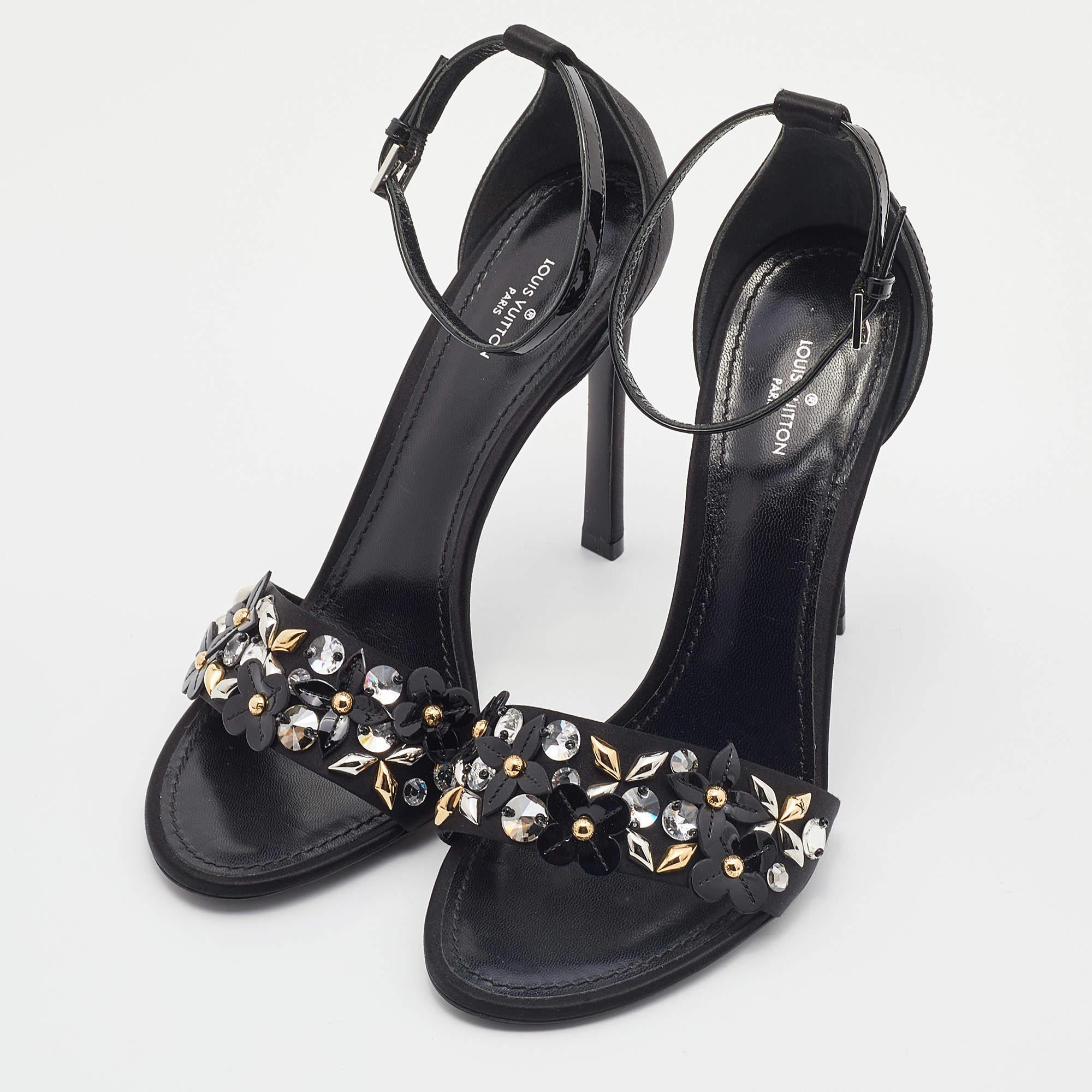 Black Louis Vuitton Satin and Patent Leather Embellished Ankle Strap Sandals Size 38.5