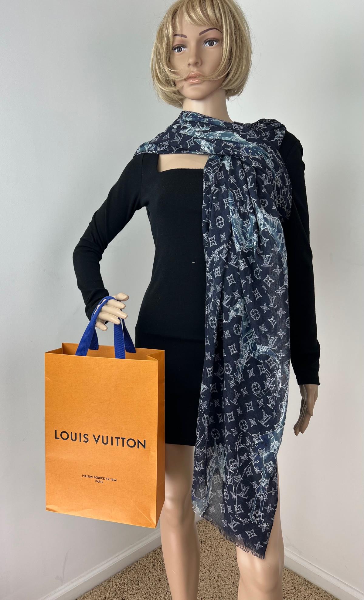 Women's LOUIS VUITTON Scarf Chapman Brothers Stole Blue Monogram LV Wrap Cashmere  For Sale