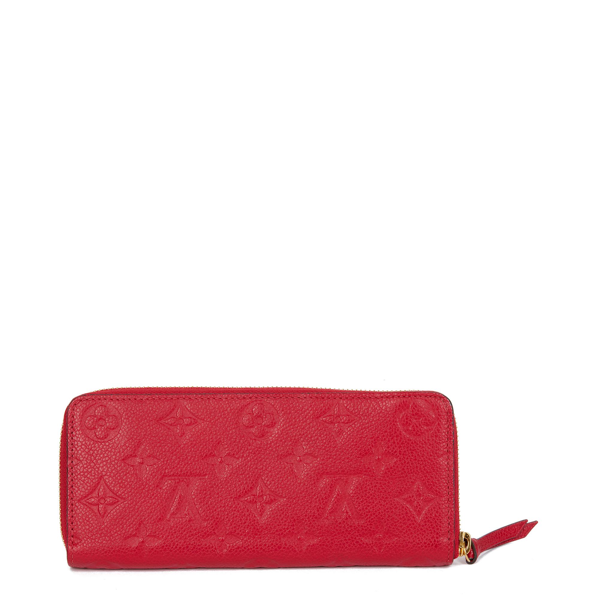 Louis Vuitton SCARLET MONOGRAM EMPREINTE LEATHER CLÉMENCE WALLET

CONDITION NOTES
The exterior is in exceptional condition with minimal signs of use.
The interior is in exceptional condition with minimal signs of use.
The hardware is in exceptional