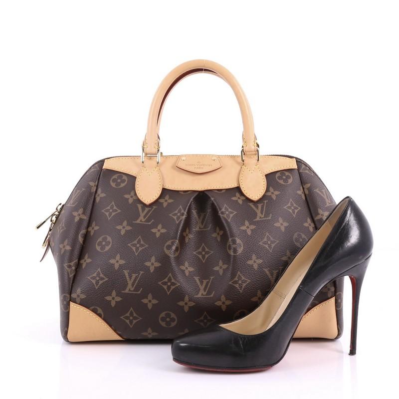 This Louis Vuitton Segur NM Handbag Monogram Canvas, crafted in brown monogram coated canvas, features dual rolled leather handles, vachetta leather trims, and gold-tone hardware. Its zip closure opens to a burgundy fabric interior with slip
