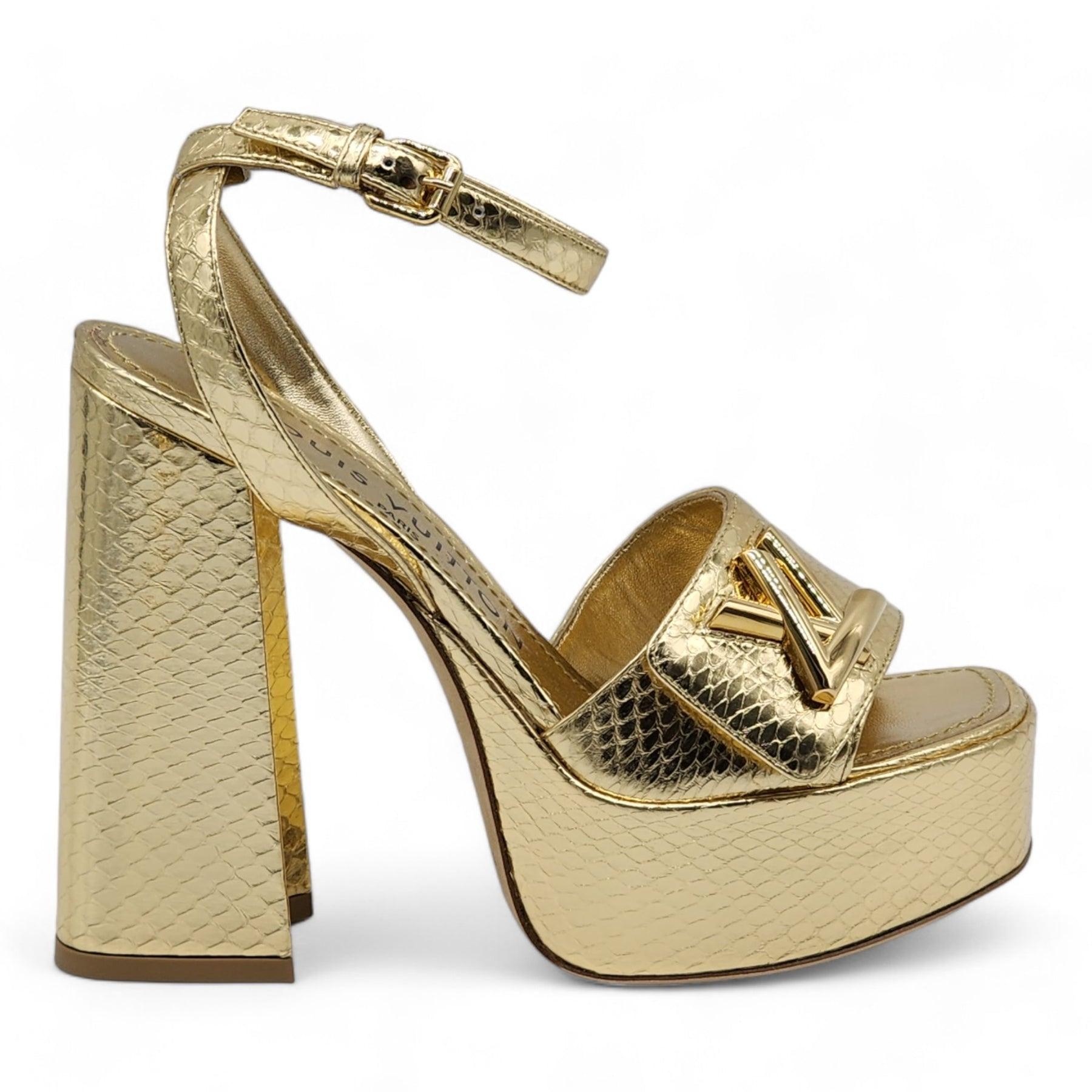 Brown Louis Vuitton Shake Platform Sandals Python in Gold (35)