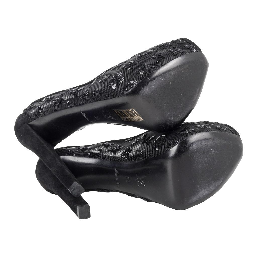 Women's Louis Vuitton Shoe Black Mesh Monogram Paillettes Platform Pump Suede Heel 39/9
