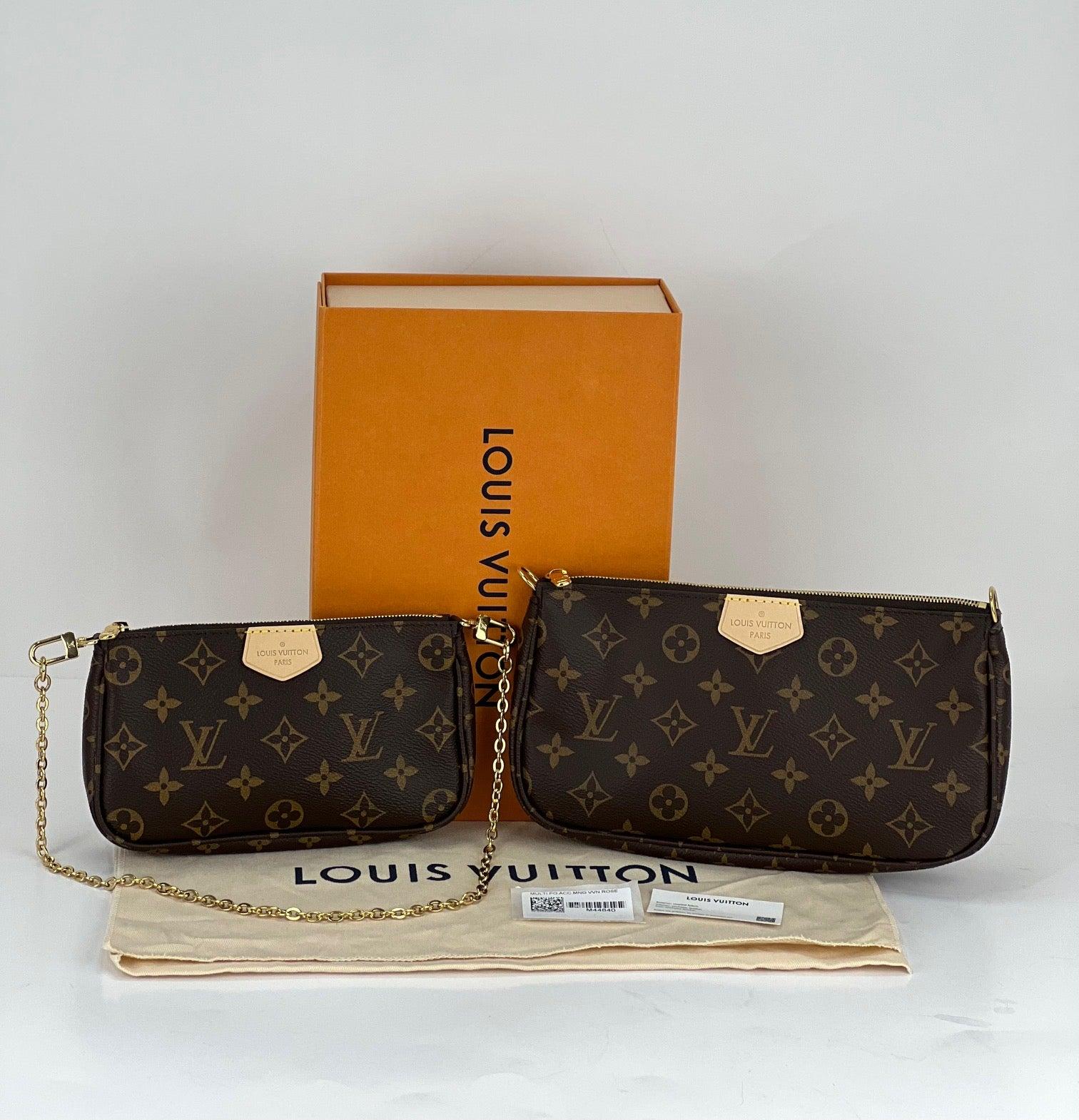Pre-Owned  100% Authentic
LOUIS VUITTON Multi Pochette Accessoires
Monogram Bag
RATING: A...excellent, near mint, only
slight signs of wear
MATERIAL: monogram canvas, leather trim 
HANDLE:  LV golden chain that attaches
to claw hooks in smaller
