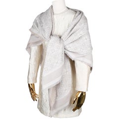 Louis Vuitton 1854 Silk Wool Shawl Beige Grey Jacquard Oversized Scarf