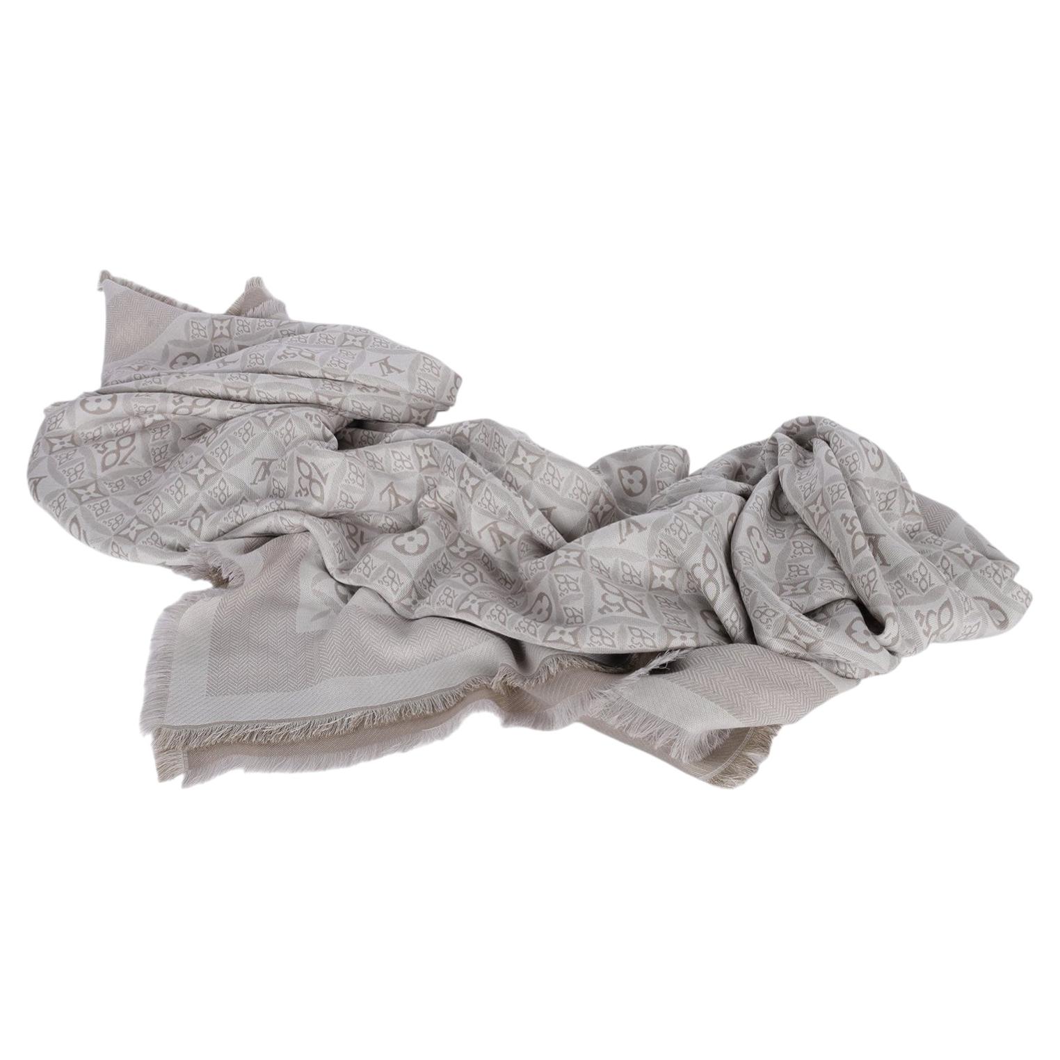 Louis Vuitton 1854 Silk Wool Shawl Beige Grey Jacquard Oversized Scarf