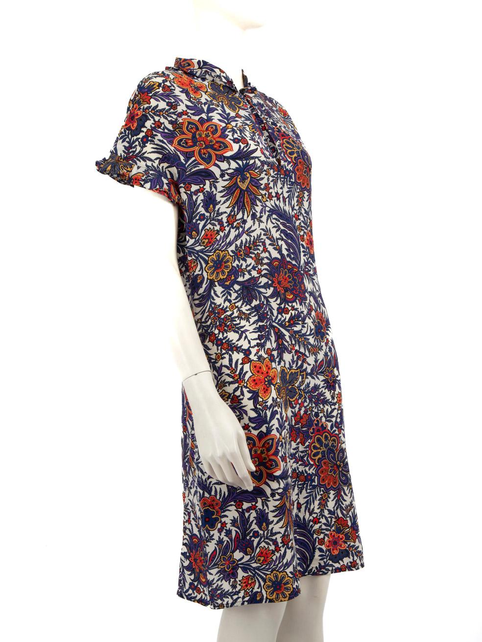 CONDITION is Very Good. Hardly any visible wear to dress is evident on this used Louis Vuitton designer resale item.
 
 Details
 
 
 Multicolour
 
 Silk
 
 Dress
 
 Knee-length
 
 Short sleeve
 
 Flat collar
 
 Ruffle trim detail on sleeve
 
 Button
