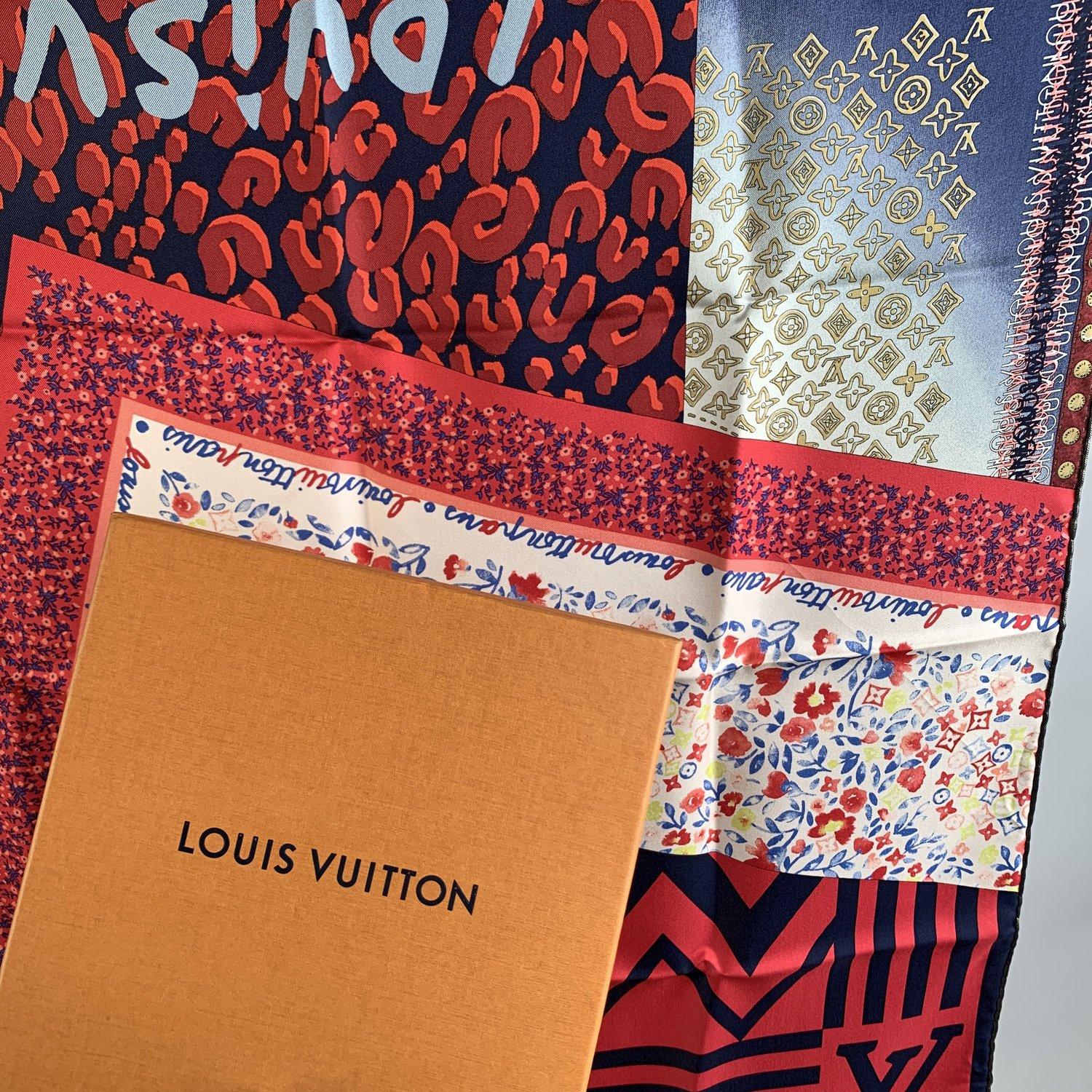 Louis Vuitton silk monogram 'Tresor' Square Scarf in red color. 100% silk. It features a bold patchwork print of scarves including red leopard geometric floral and map monogram. Measurements: 26 x 26 inches - 66 x 66 cm. Estimated retail price was