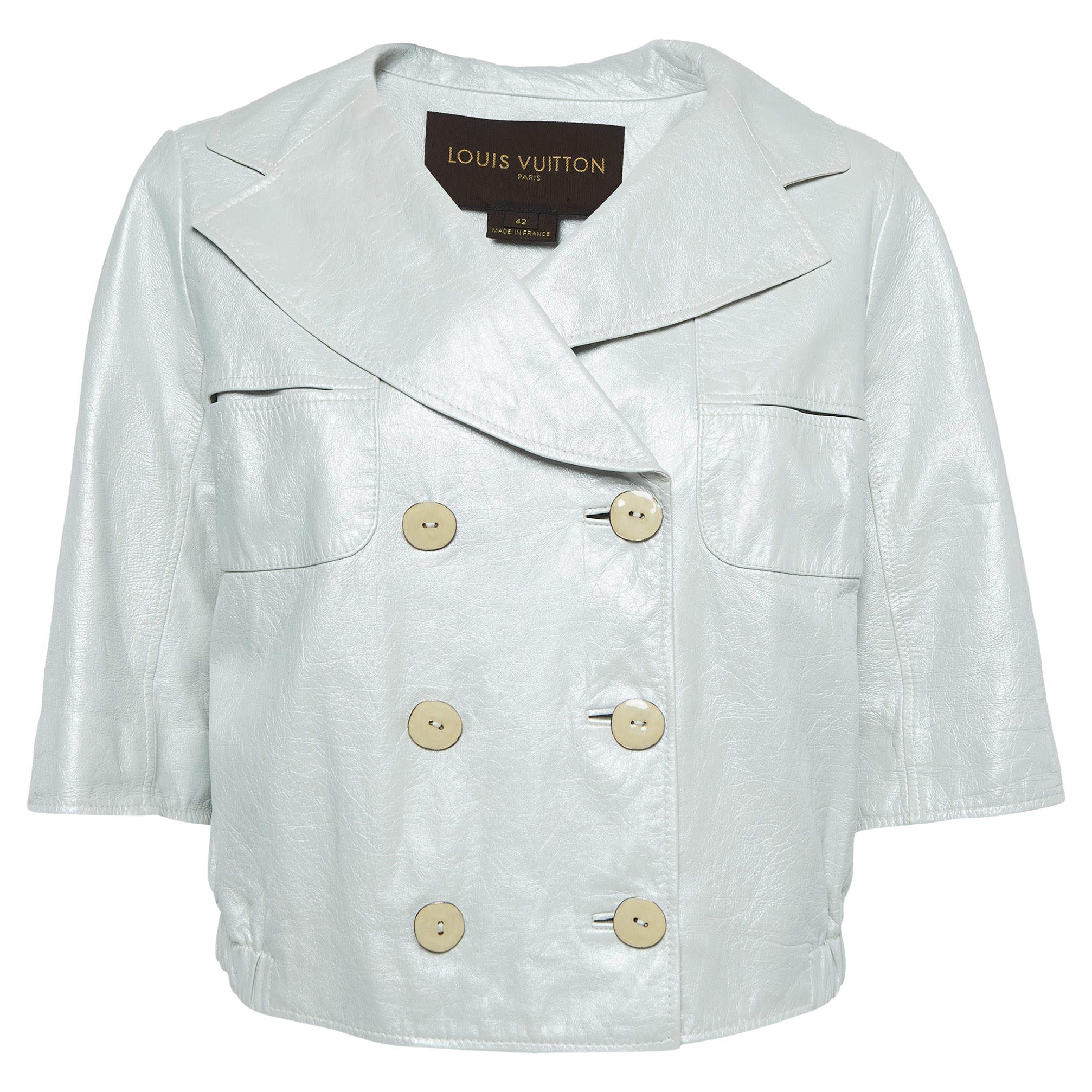 Chaqueta motera de piel arrugada plateada Louis Vuitton L