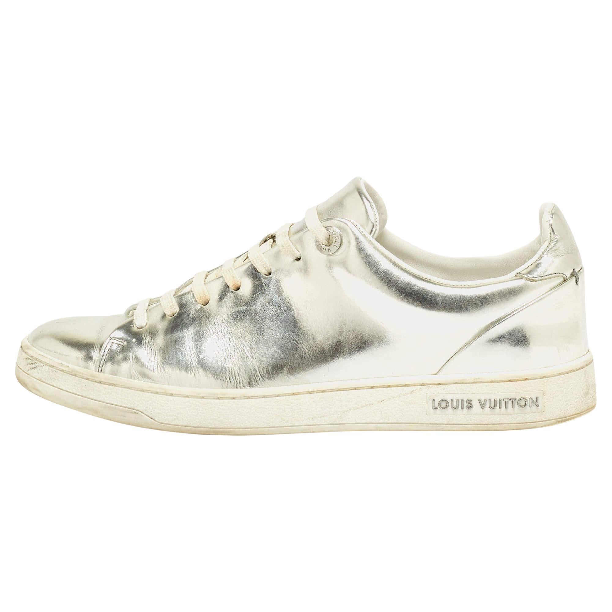 Louis Vuitton Silver Foil Leather Frontrow Low Top Sneakers Size 38 For Sale