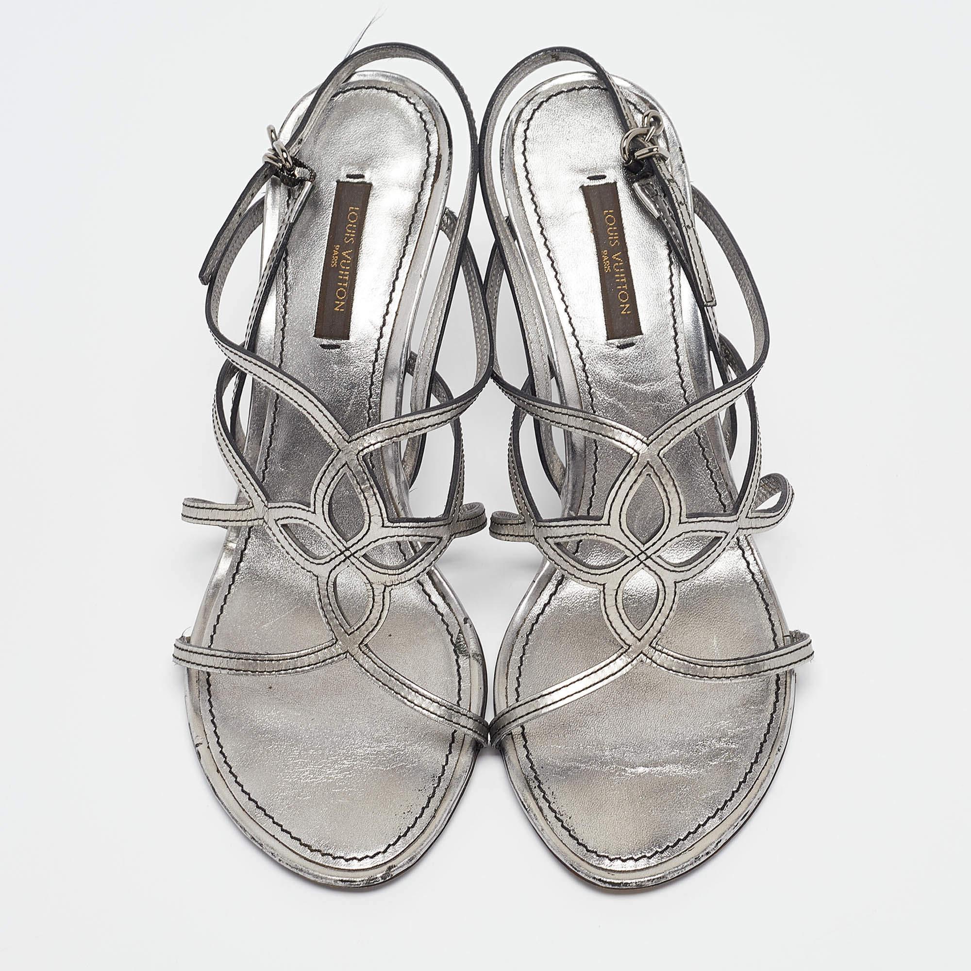 Louis Vuitton Silver Leather Ankle Strap Sandals Size 36.5 In Fair Condition In Dubai, Al Qouz 2