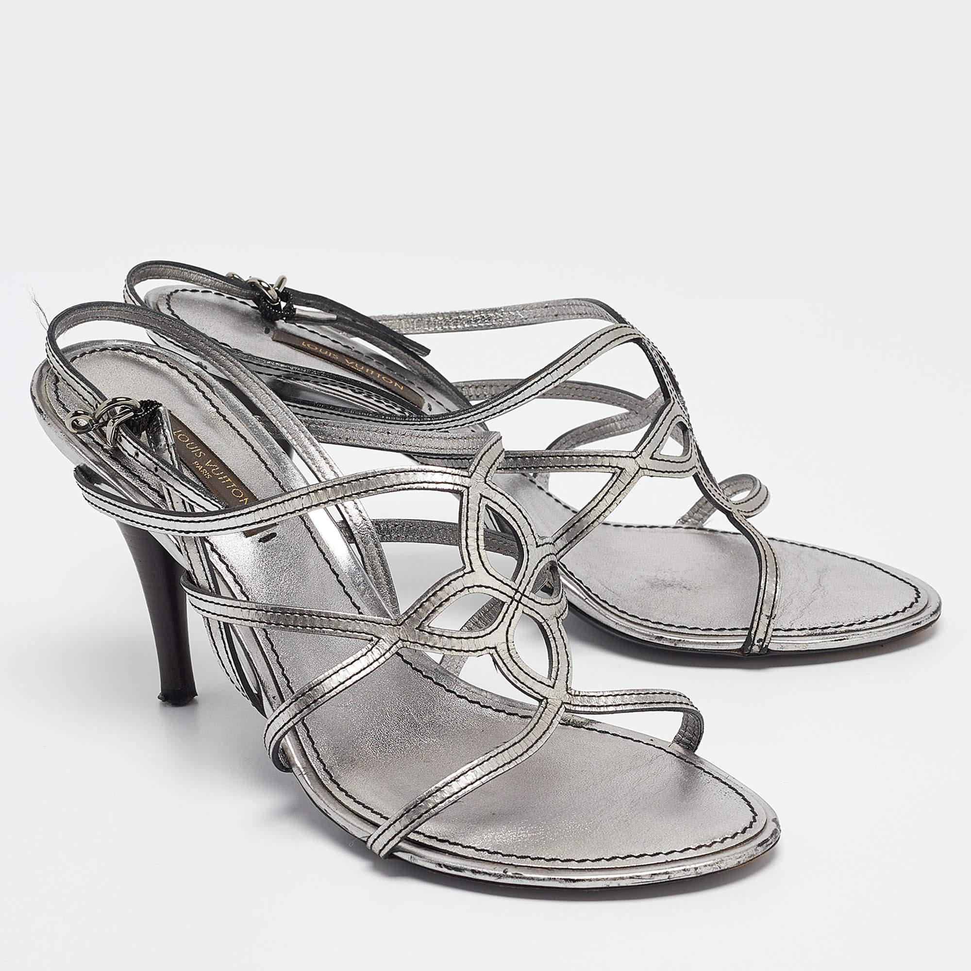 Women's Louis Vuitton Silver Leather Ankle Strap Sandals Size 36.5