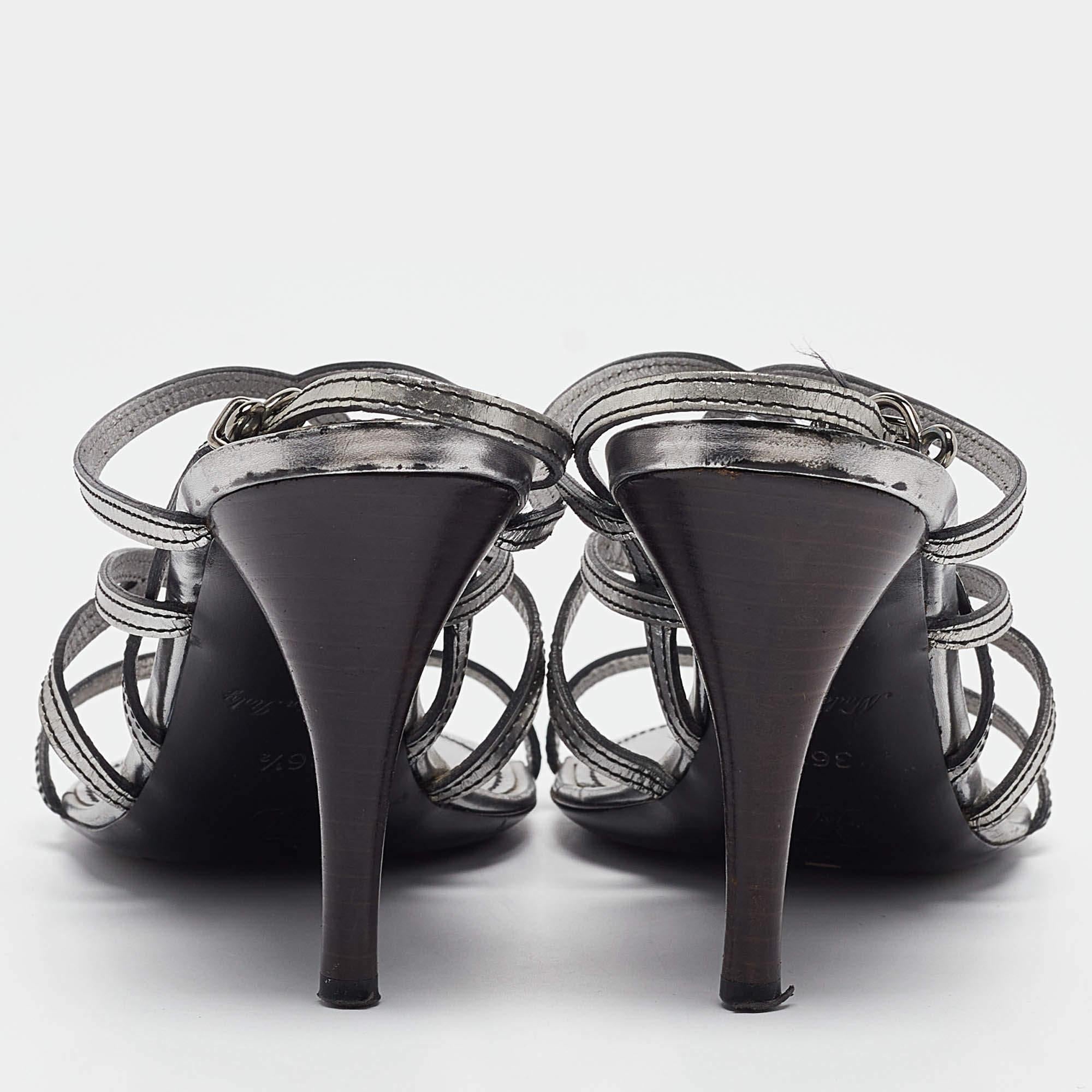 Louis Vuitton Silver Leather Ankle Strap Sandals Size 36.5 1