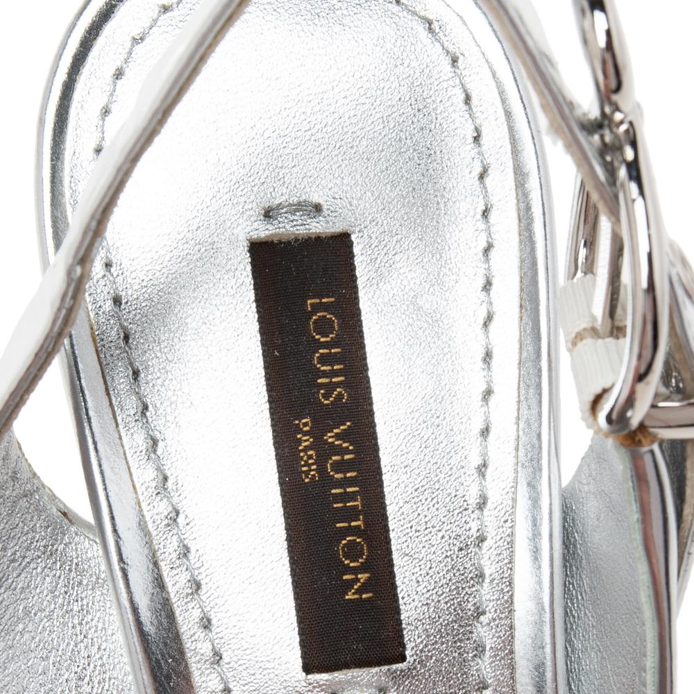 Louis Vuitton Silver Leather Logo Buckle Platform Slingback Sandals Size 38 2