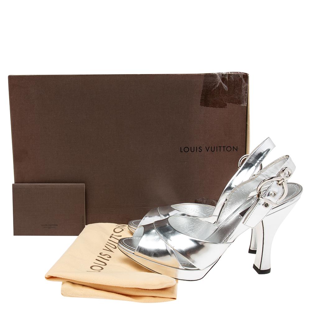 Louis Vuitton Silver Leather Logo Buckle Platform Slingback Sandals Size 38 4