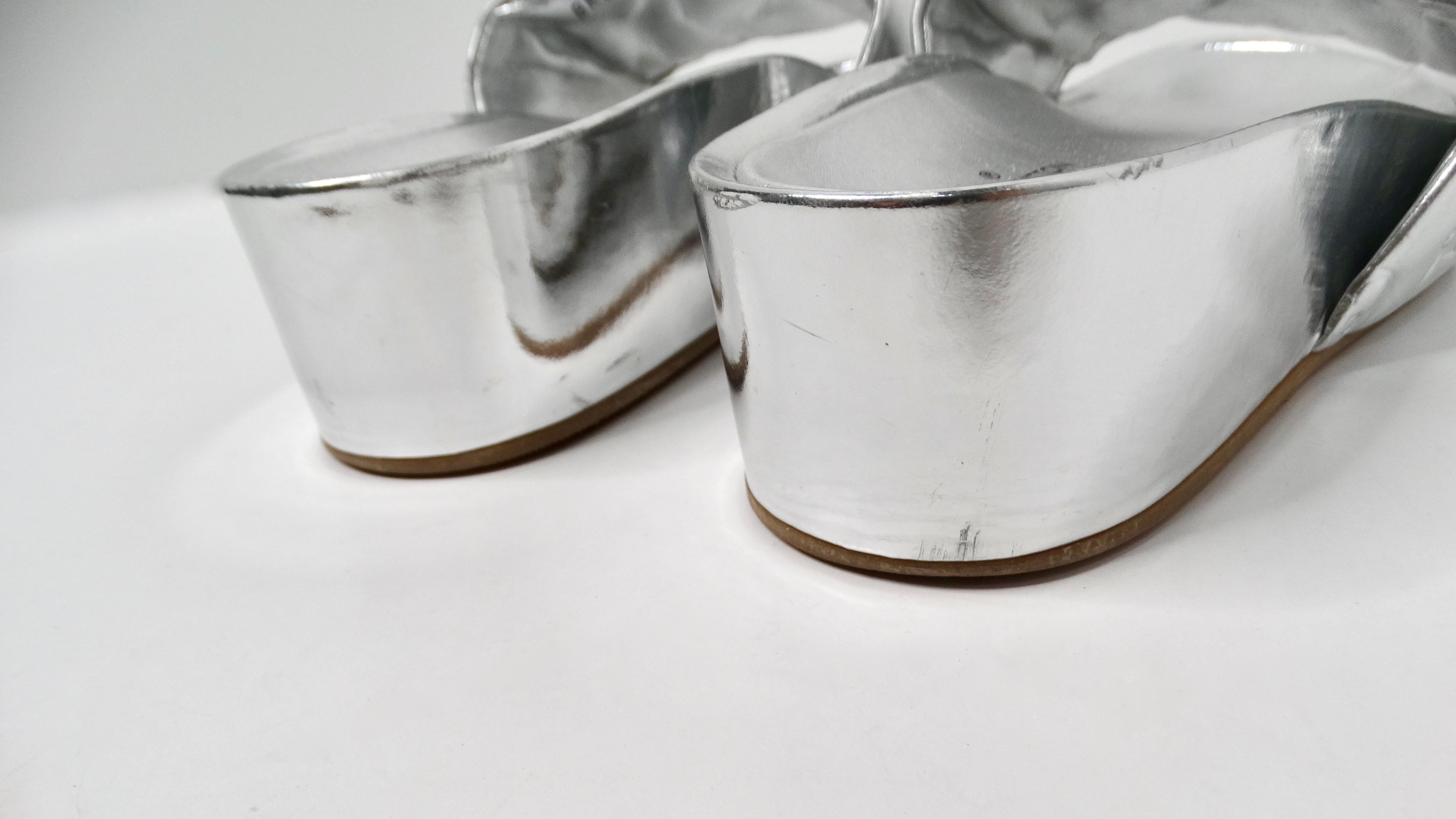 Louis Vuitton Silver Metallic Monogram Platform Leather Slide Sandals For Sale 1