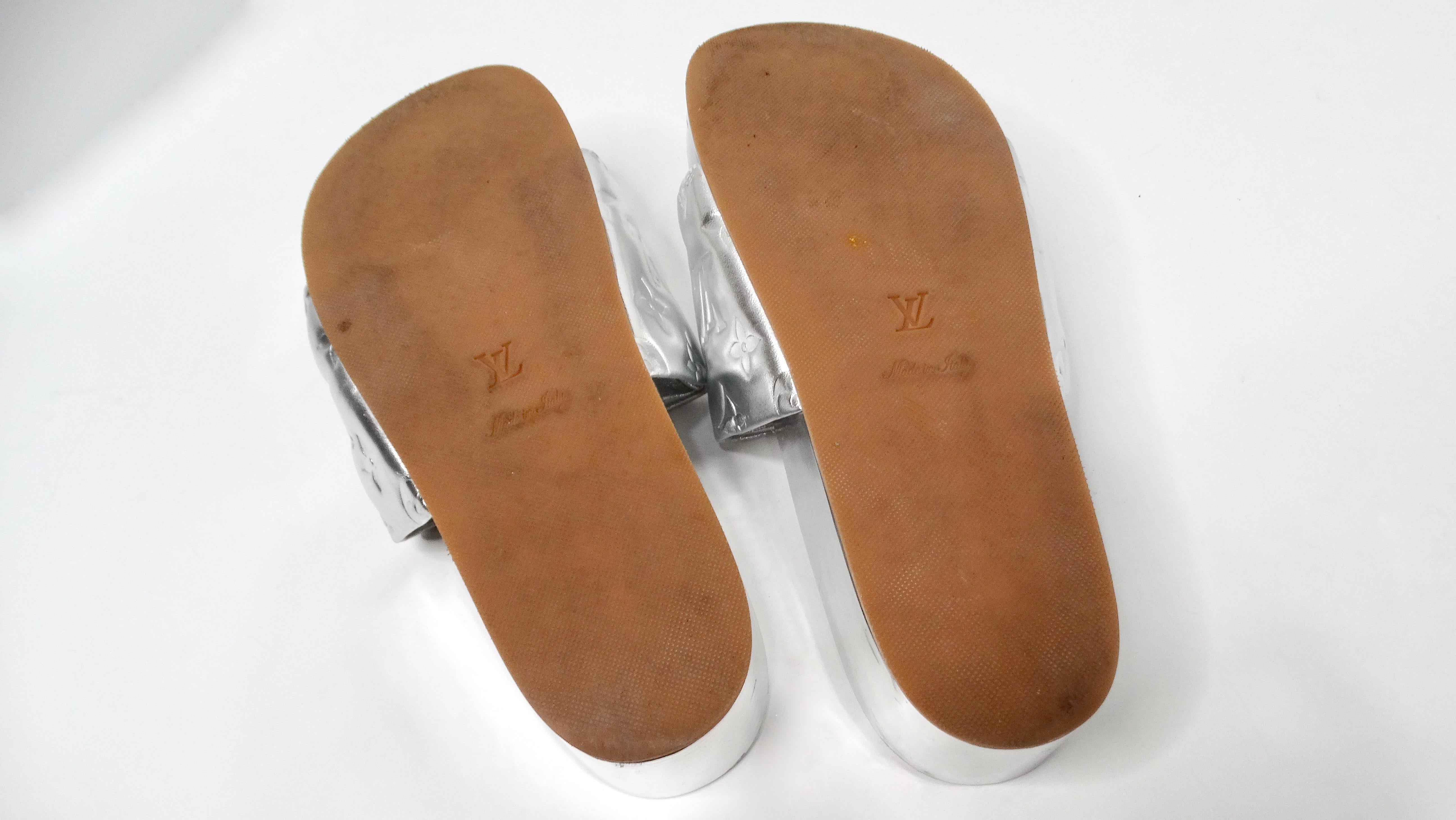 Louis Vuitton Silver Metallic Monogram Platform Leather Slide Sandals For Sale 3