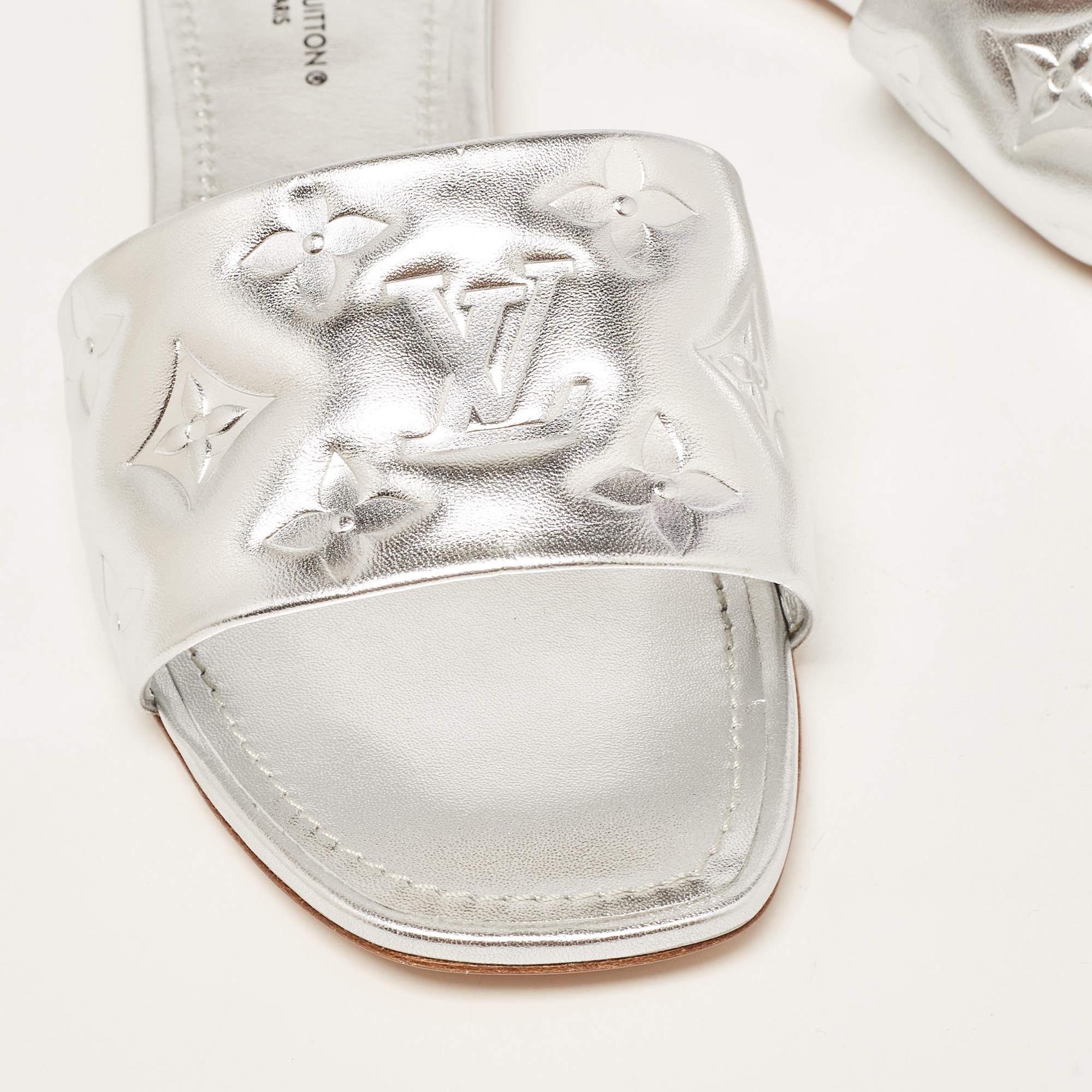 Louis Vuitton Silver Monogram Embossed Leather Revival Flat Slides Size 37 1