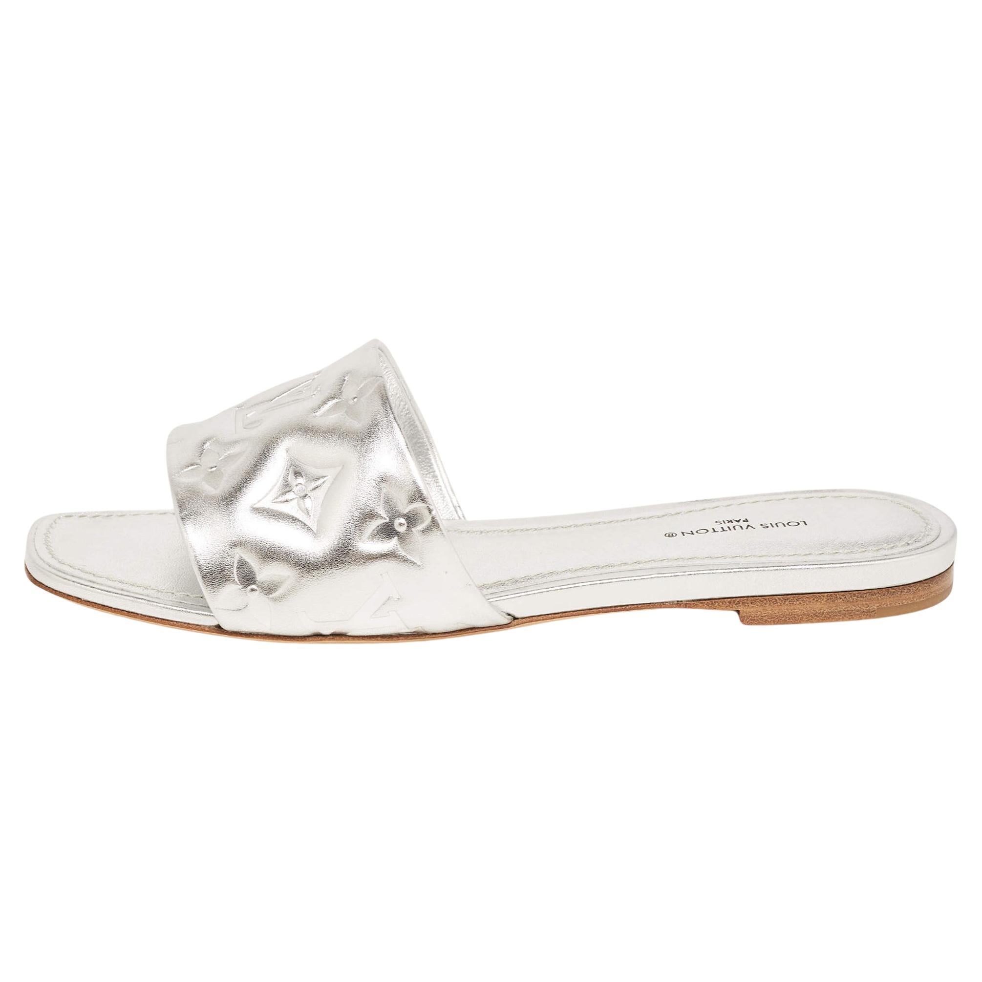 Louis Vuitton Silver Monogram Embossed Leather Revival Flat Slides Size 37