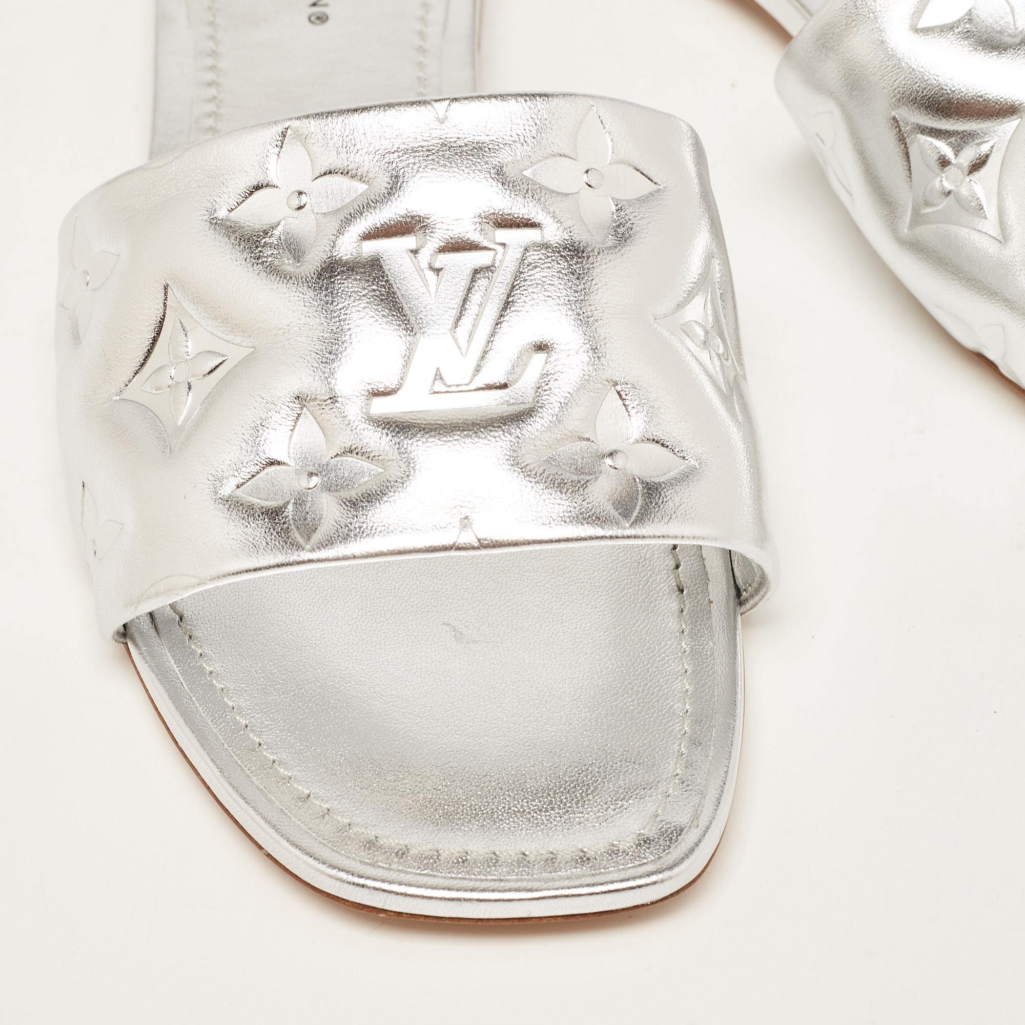 Louis Vuitton Silver Monogram Embossed Leather Revival Flat Slides Size 38 2