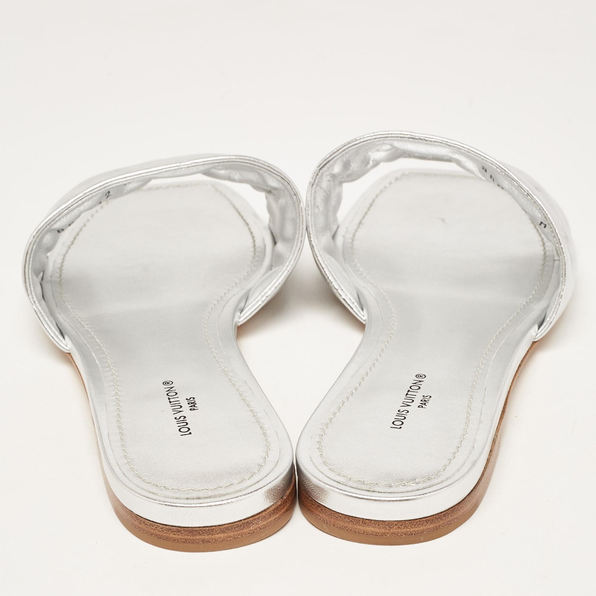 Louis Vuitton Silver Monogram Embossed Leather Revival Flat Slides Size 38 3