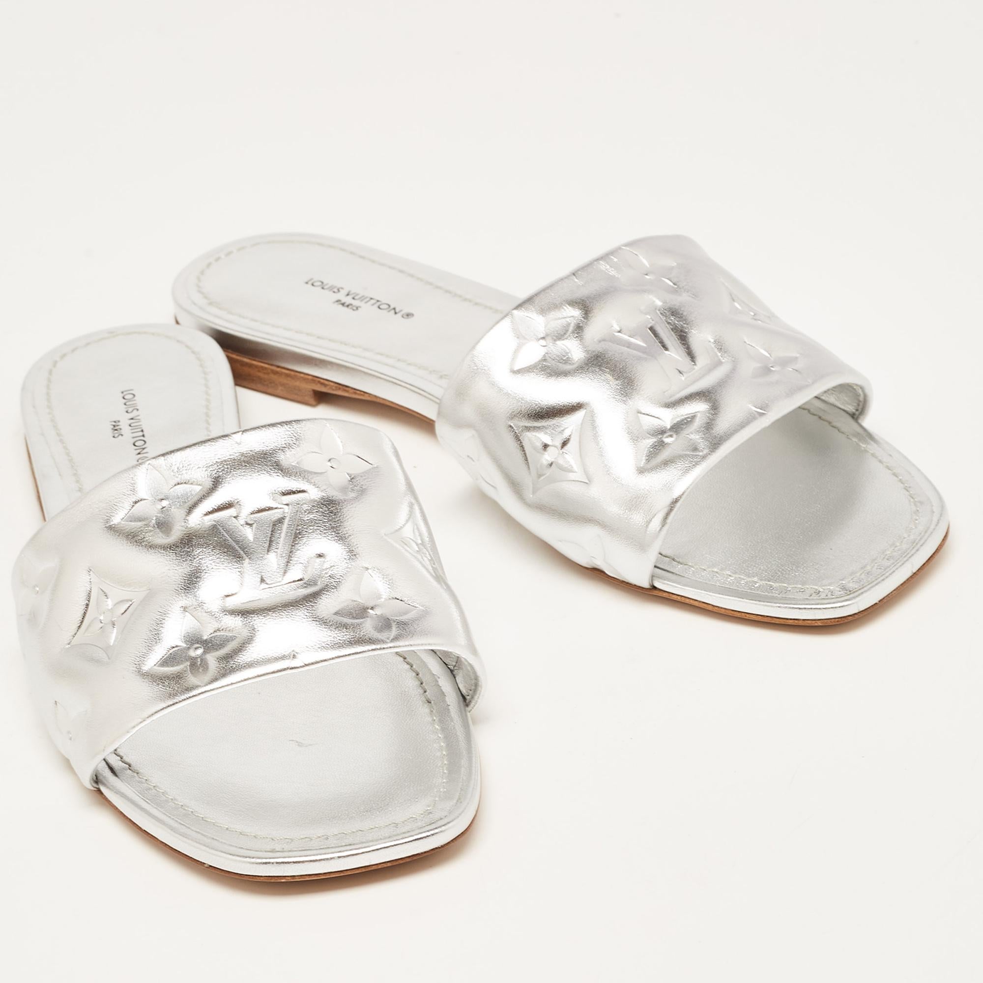 Louis Vuitton Silver Monogram Embossed Leather Revival Flat Slides Size 38 4