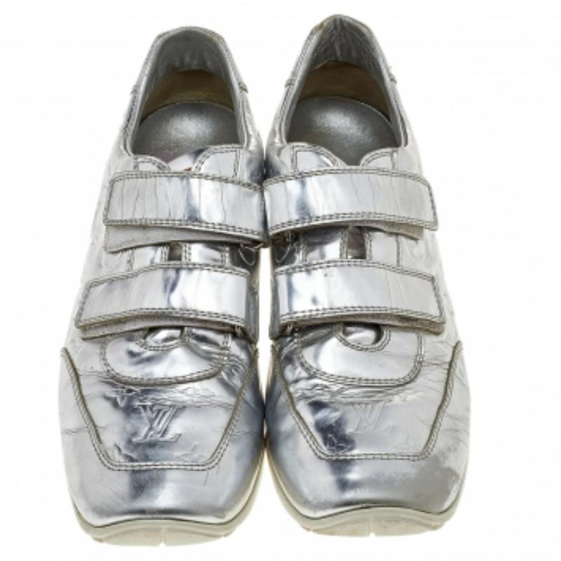 Louis Vuitton Silver Monogram Leather Velcro Strap Low Top Sneakers Size 40 In Fair Condition In Dubai, Al Qouz 2