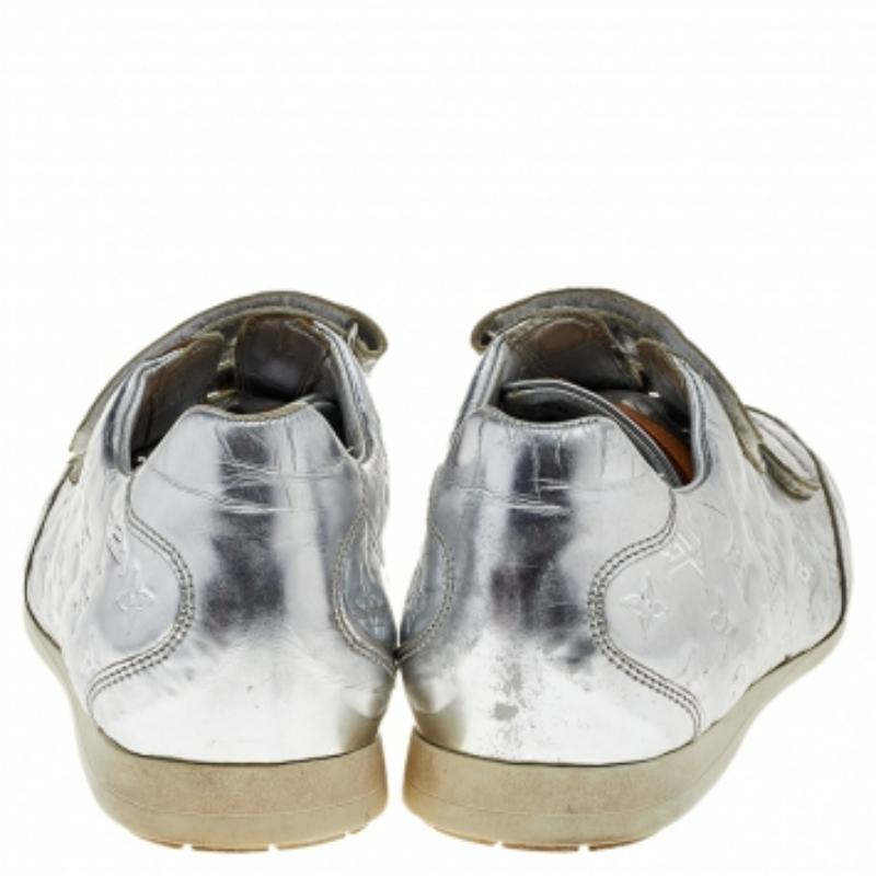 Women's Louis Vuitton Silver Monogram Leather Velcro Strap Low Top Sneakers Size 40
