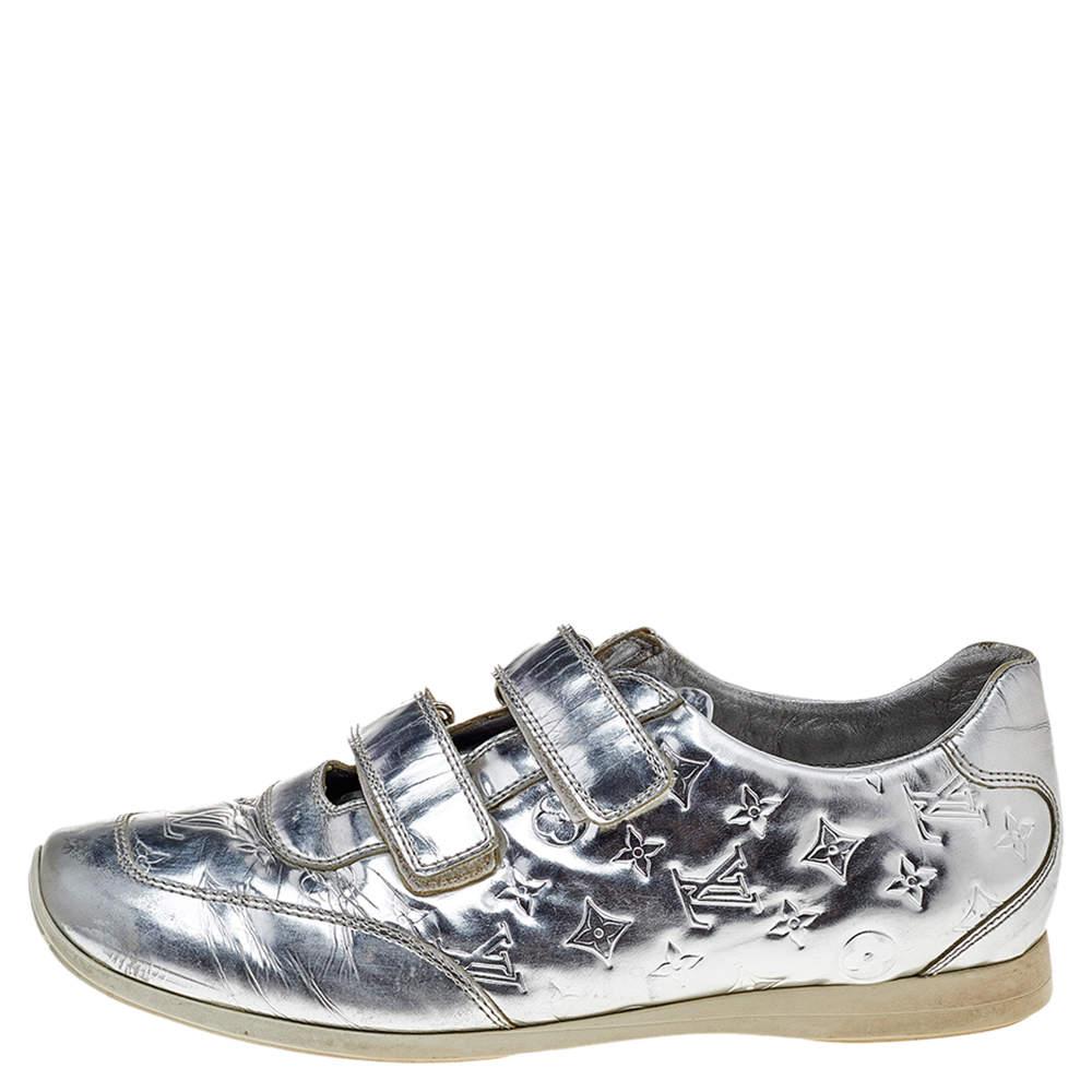 Women's Louis Vuitton Silver Monogram Leather Velcro Strap Low Top Sneakers Size 40 For Sale