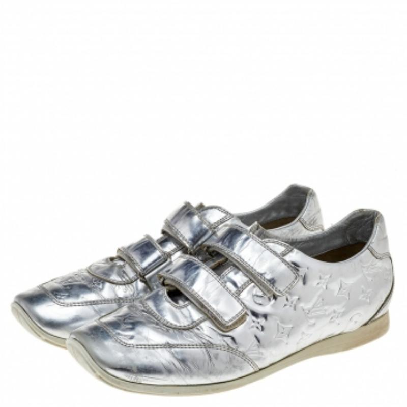 Louis Vuitton Silver Monogram Leather Velcro Strap Low Top Sneakers Size 40 2