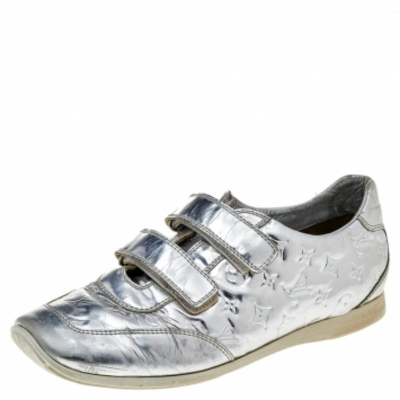 Louis Vuitton Silver Monogram Leather Velcro Strap Low Top Sneakers Size 40 3