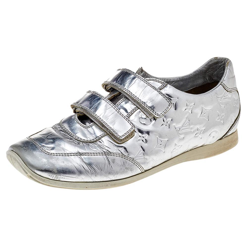 Louis Vuitton Silver Monogram Leather Velcro Strap Low Top Sneakers Size 40 For Sale