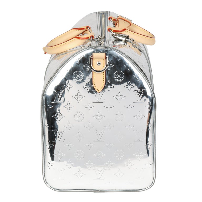 Beige Louis Vuitton Silver Monogram Mirror Keepall 50 Bandouliere  For Sale