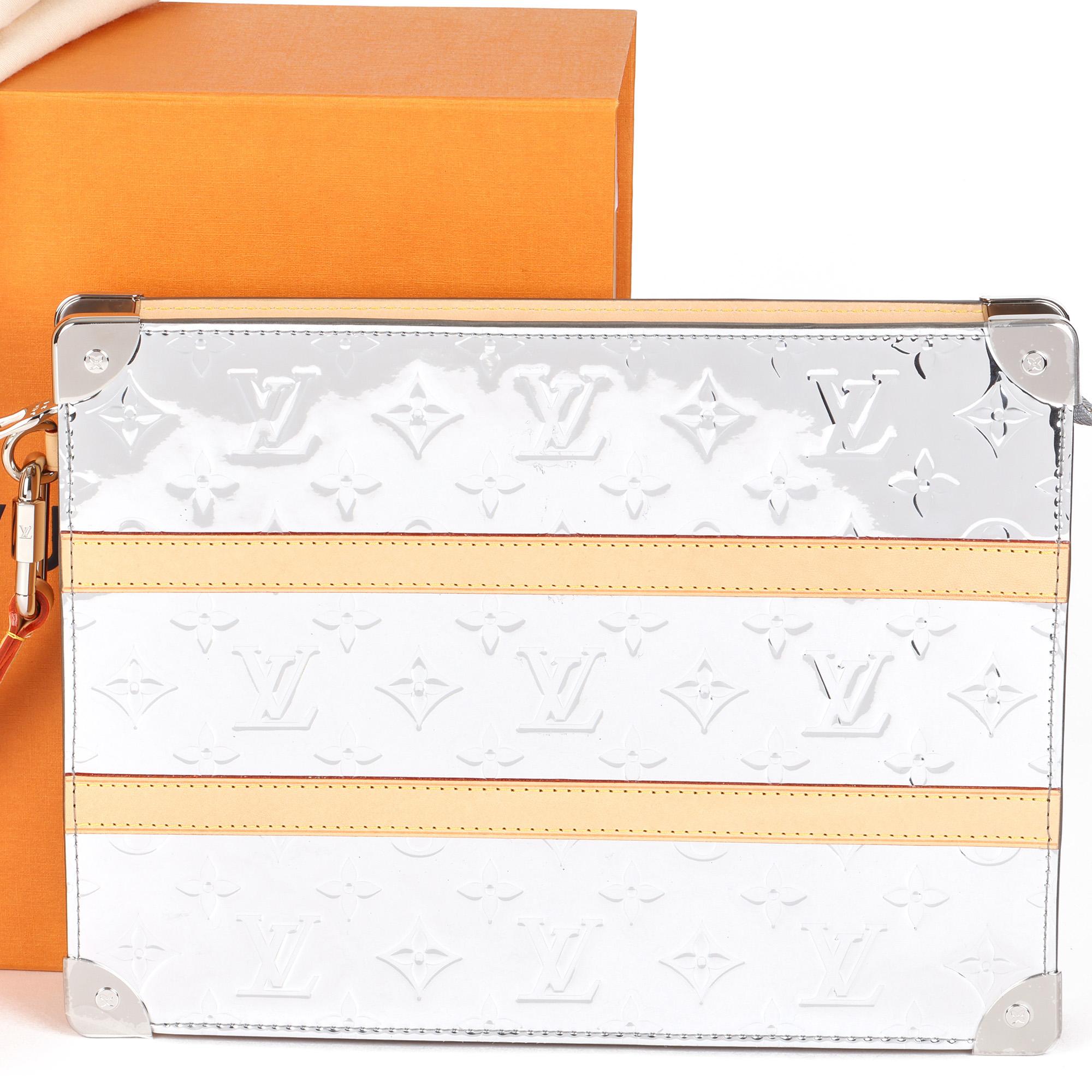 LOUIS VUITTON Silver Monogram Mirror Vinyl & Vachetta Leather Trunk Pouch For Sale 5