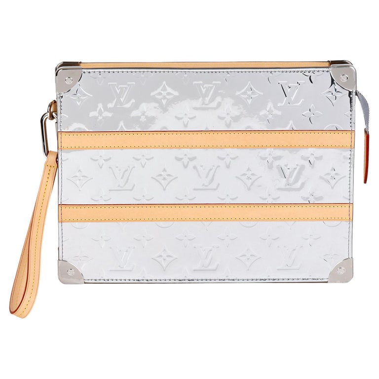 LOUIS VUITTON Silver Monogram Mirror Vinyl and Vachetta Leather Trunk Pouch  For Sale at 1stDibs