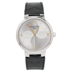 Louis Vuitton Silver Stainless Steel Patent Leather Tambour Wristwatch 39 mm