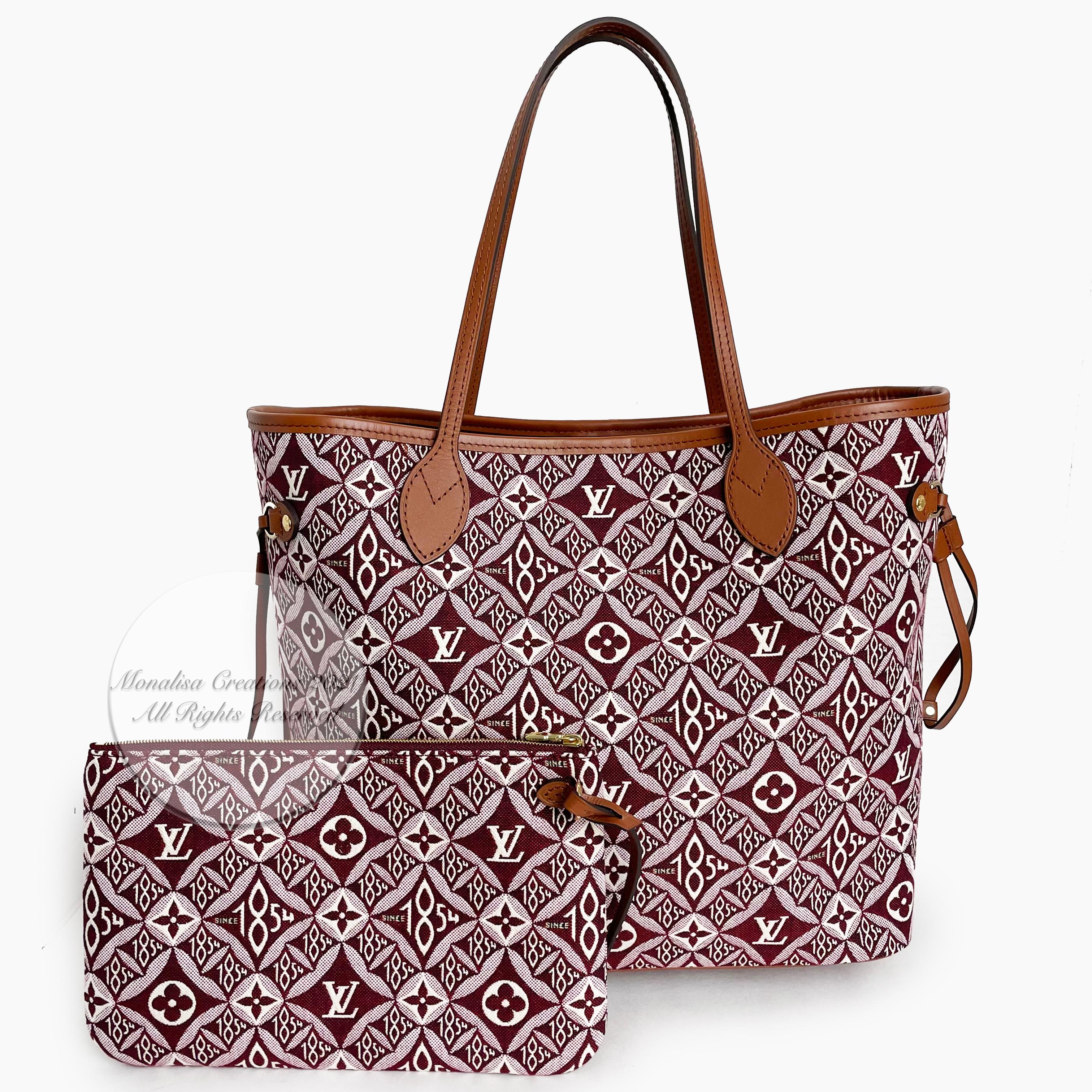Authentic Louis Vuitton Since 1854 Neverfull MM in Bordeaux. From the Fall 2020 collection, this color way now sold out online. Nicolas Ghesquière’s canvas pays tribute to LV's historic symbols. Bordeaux canvas/calfskin leather handles. Lined in