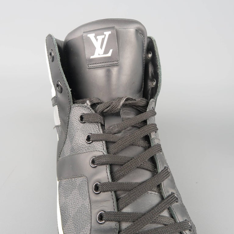 Men&#39;s LOUIS VUITTON Sneaker 10 Black and Gray Damier Leather Reflective High Top at 1stdibs