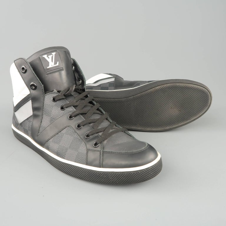 Men's LOUIS VUITTON Sneaker 10 Black and Gray Damier Leather Reflective  High Top