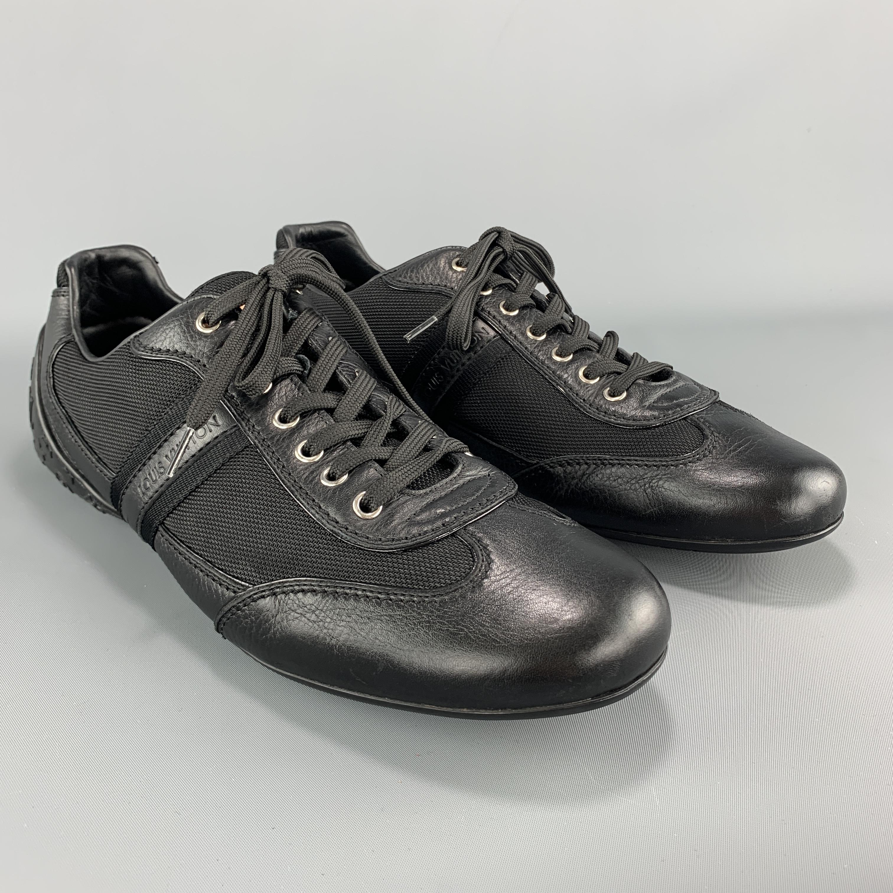 LOUIS VUITTON Size 10 Black Leather & Canvas Monogram Lace Up Sneakers In Excellent Condition In San Francisco, CA