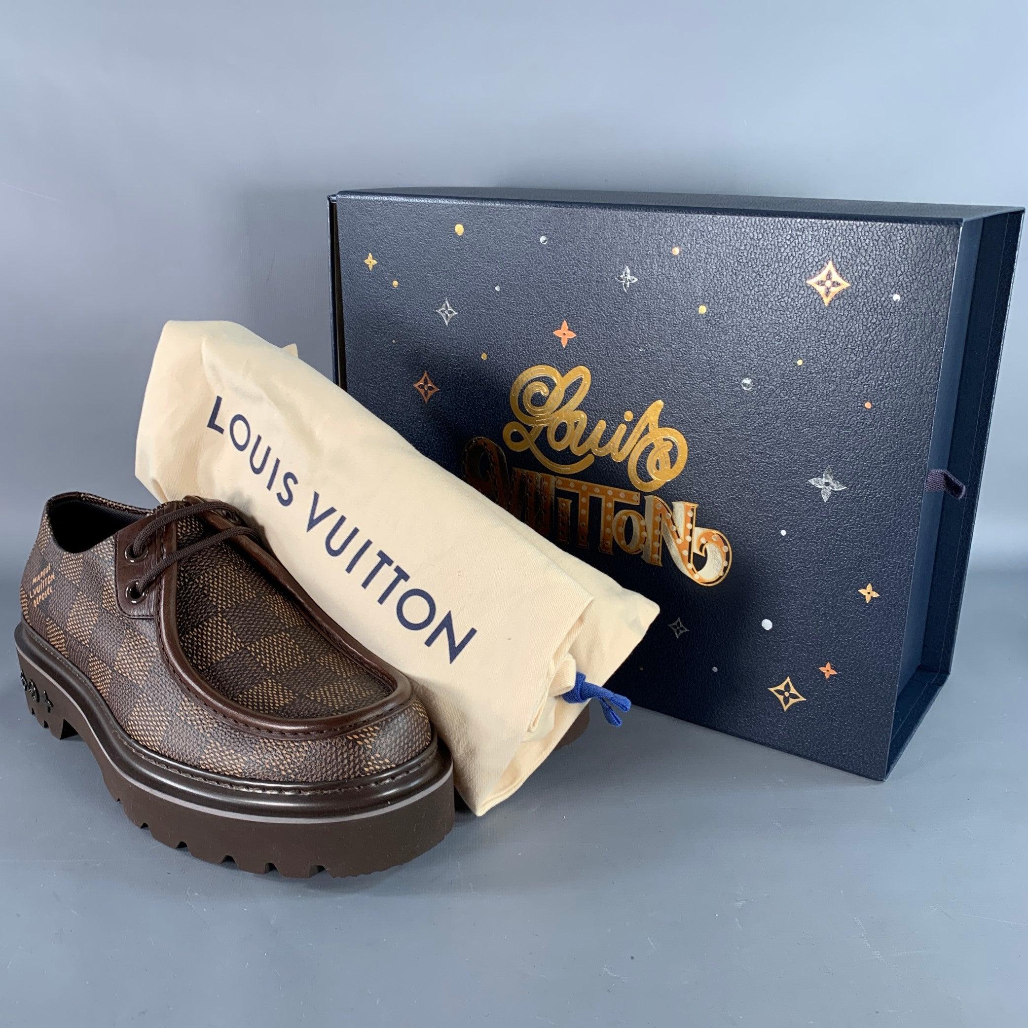 LOUIS VUITTON Size 10 Ranger Derby Brown Beige Coated Canvas Chunky Sole Moccasin Lace-Up Shoes For Sale 6