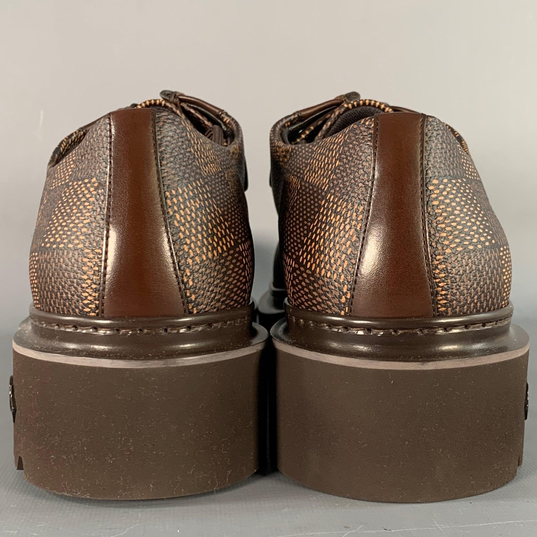 Men's LOUIS VUITTON Size 10 Ranger Derby Brown Beige Coated Canvas Chunky Sole Moccasin Lace-Up Shoes For Sale