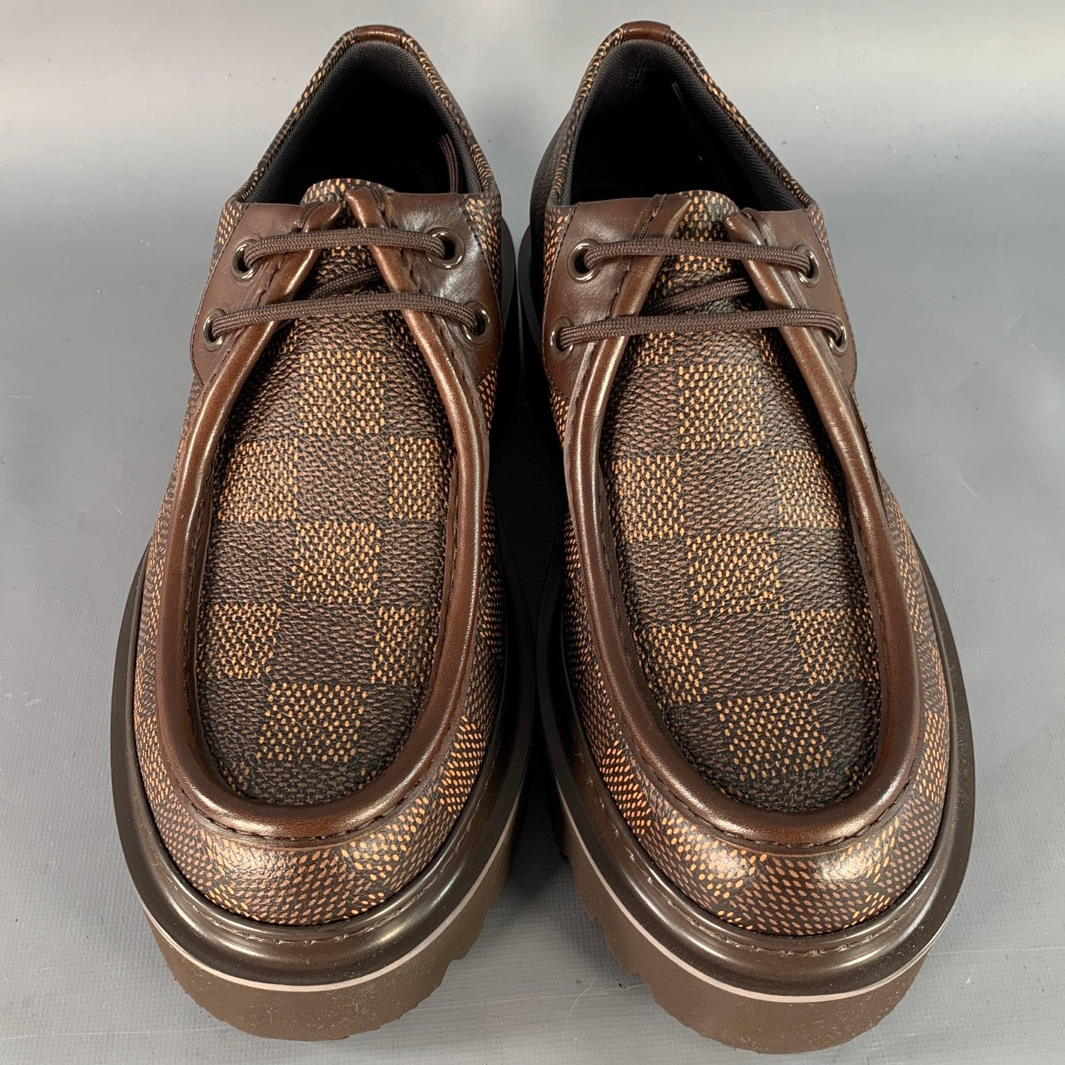 LOUIS VUITTON Size 10 Ranger Derby Brown Beige Coated Canvas Chunky Sole Moccasin Lace-Up Shoes For Sale 1