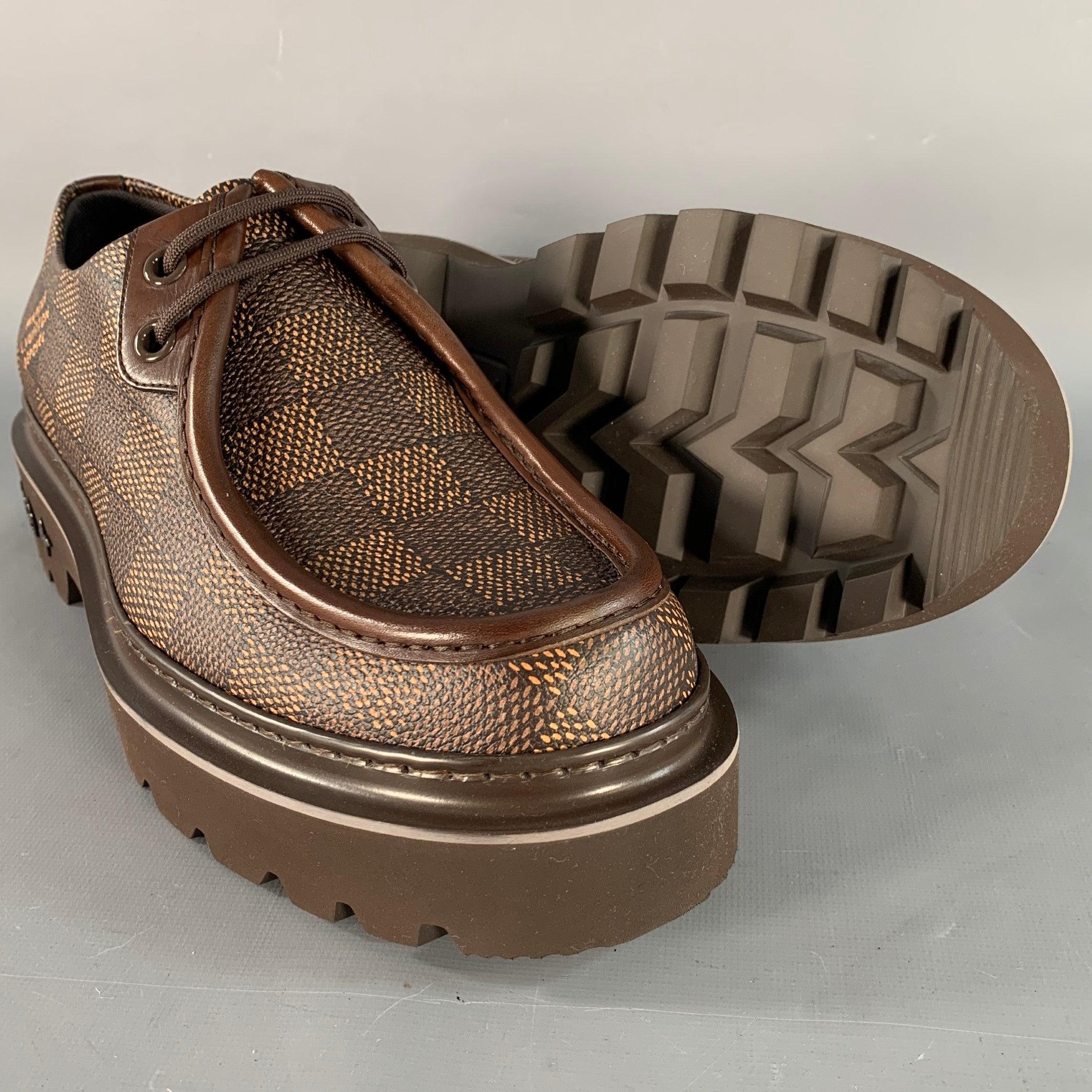 LOUIS VUITTON Size 10 Ranger Derby Brown Beige Coated Canvas Chunky Sole Moccasin Lace-Up Shoes For Sale 2